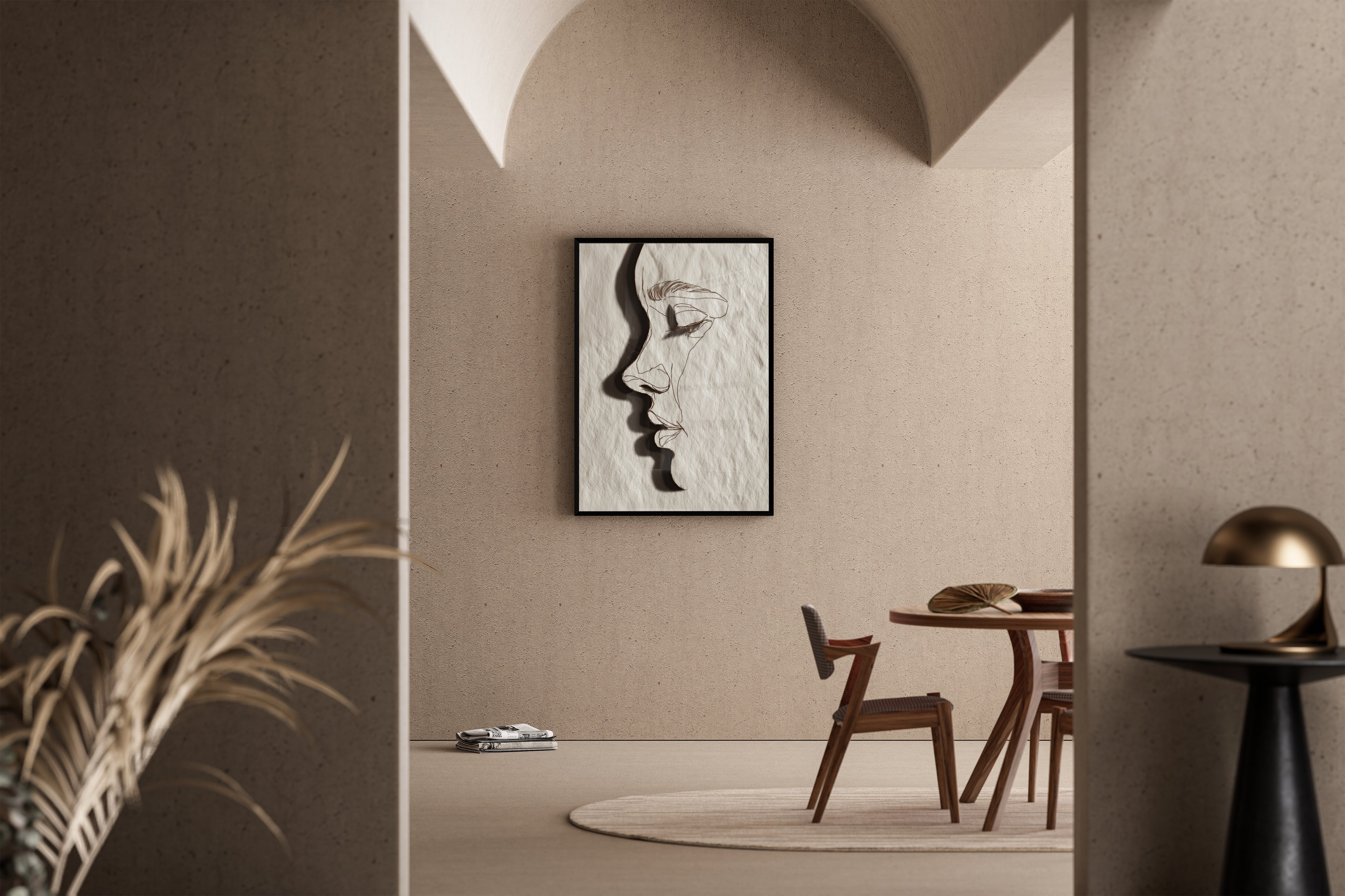 Abstraktes Gesichtsprofil als Linienrelief auf Papier – Kunstdruck im mediterranen Esszimmer