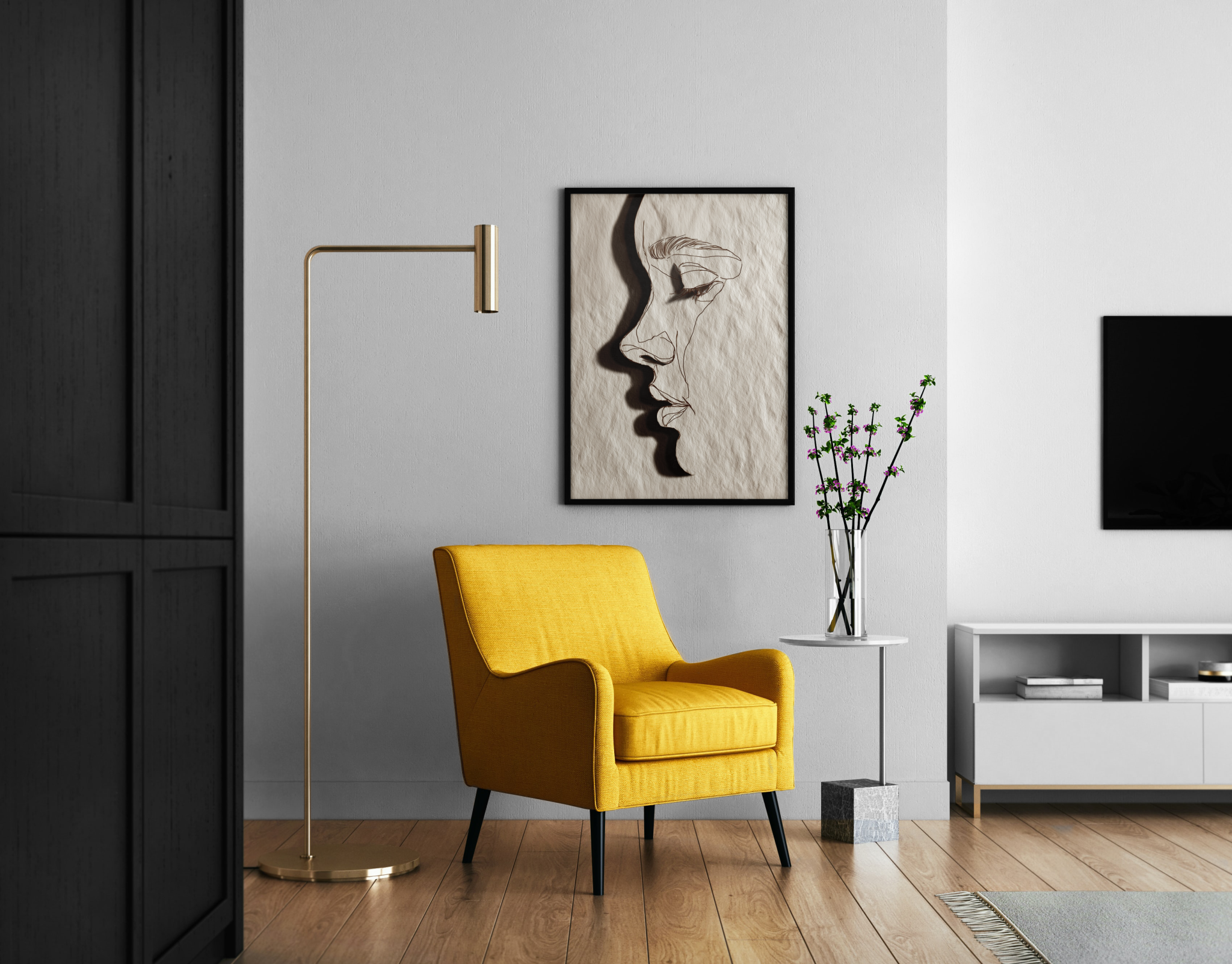 Abstraktes Gesichtsprofil als Linienrelief auf Papier – Fine Art Poster im modernen Wohnzimmer