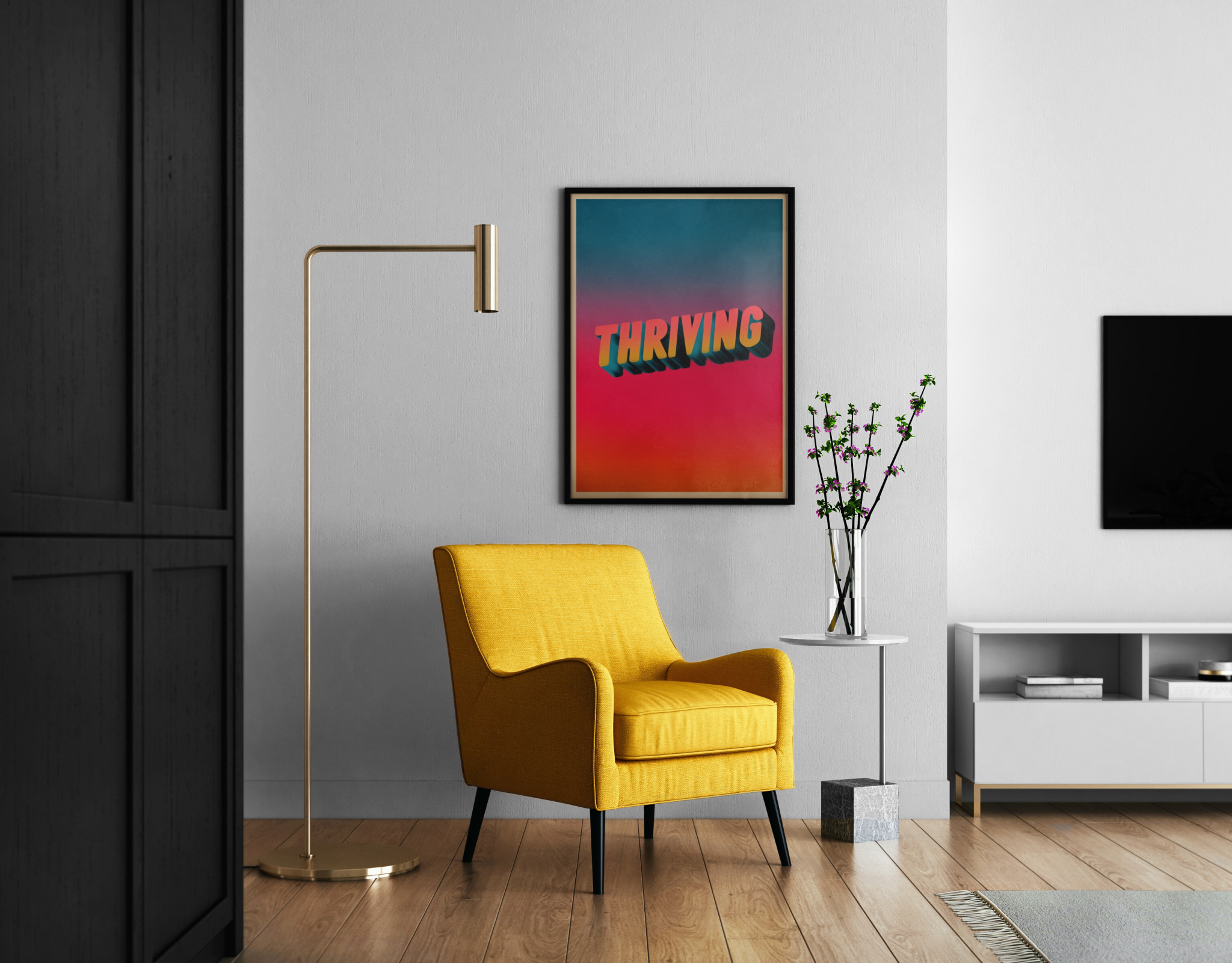 THRIVING – 3D-Retro-Schriftzug in Sunset-Farbverlauf – Statement Poster im modernen Wohnzimmer