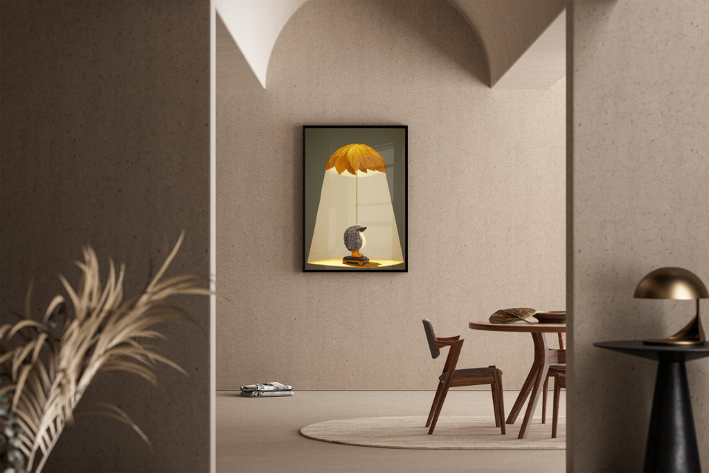 Igel unter Blätter-Lampenschirm mit warmem Licht – Kunstdruck im mediterranen Esszimmer