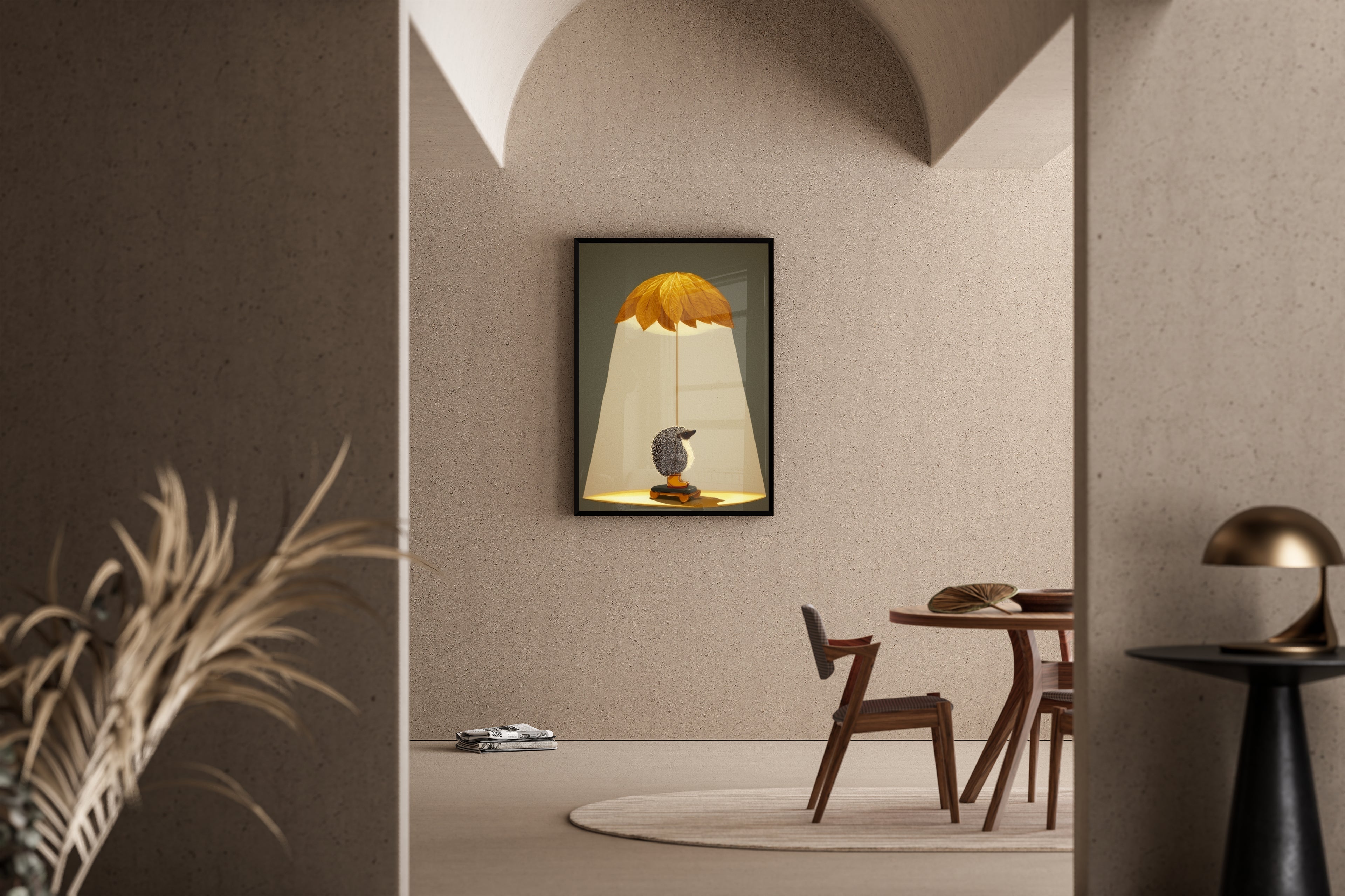 Igel unter Blätter-Lampenschirm mit warmem Licht – Kunstdruck im mediterranen Esszimmer