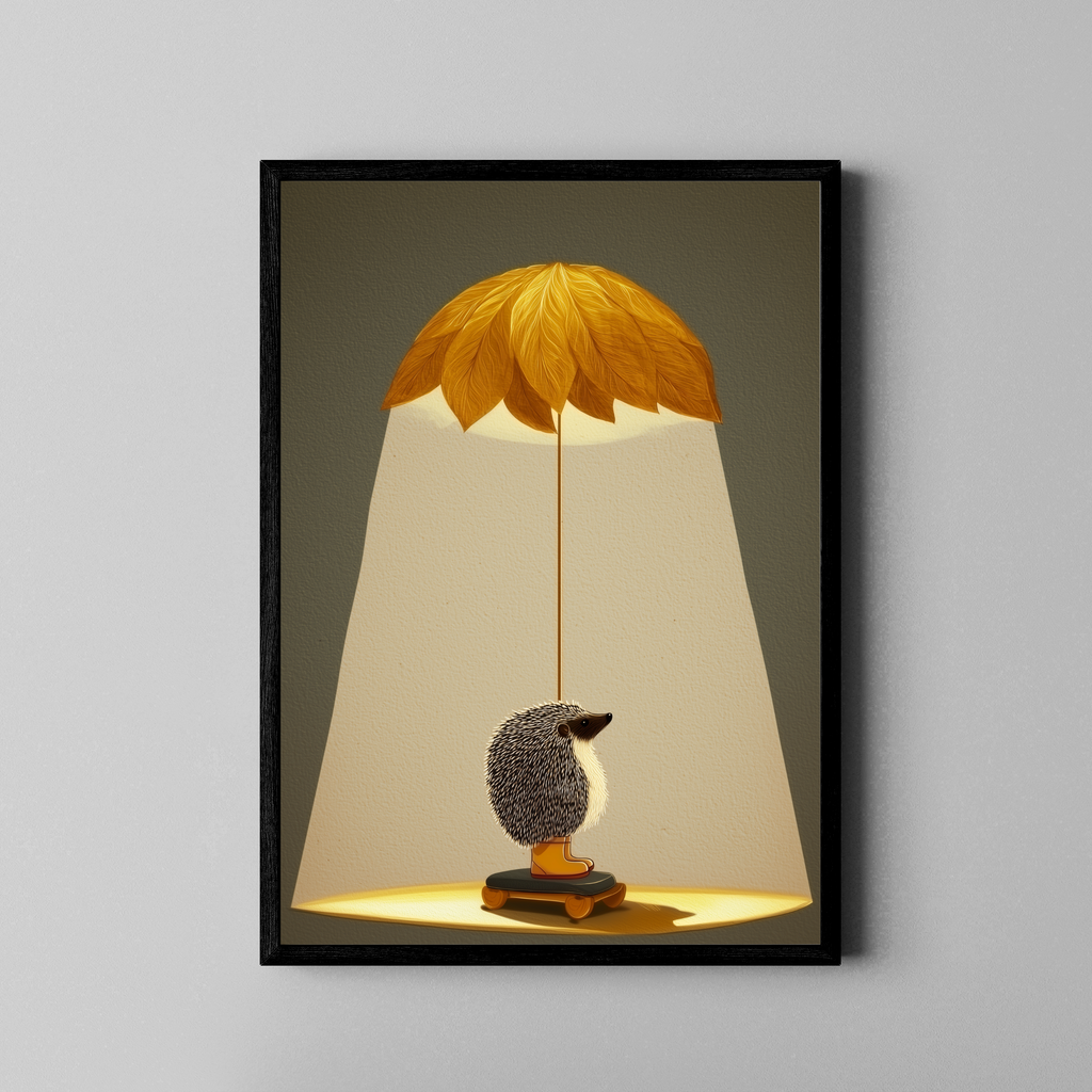 Igel unter Blätter-Lampenschirm mit warmem Licht – illustrativer Poster im schwarzen Rahmen