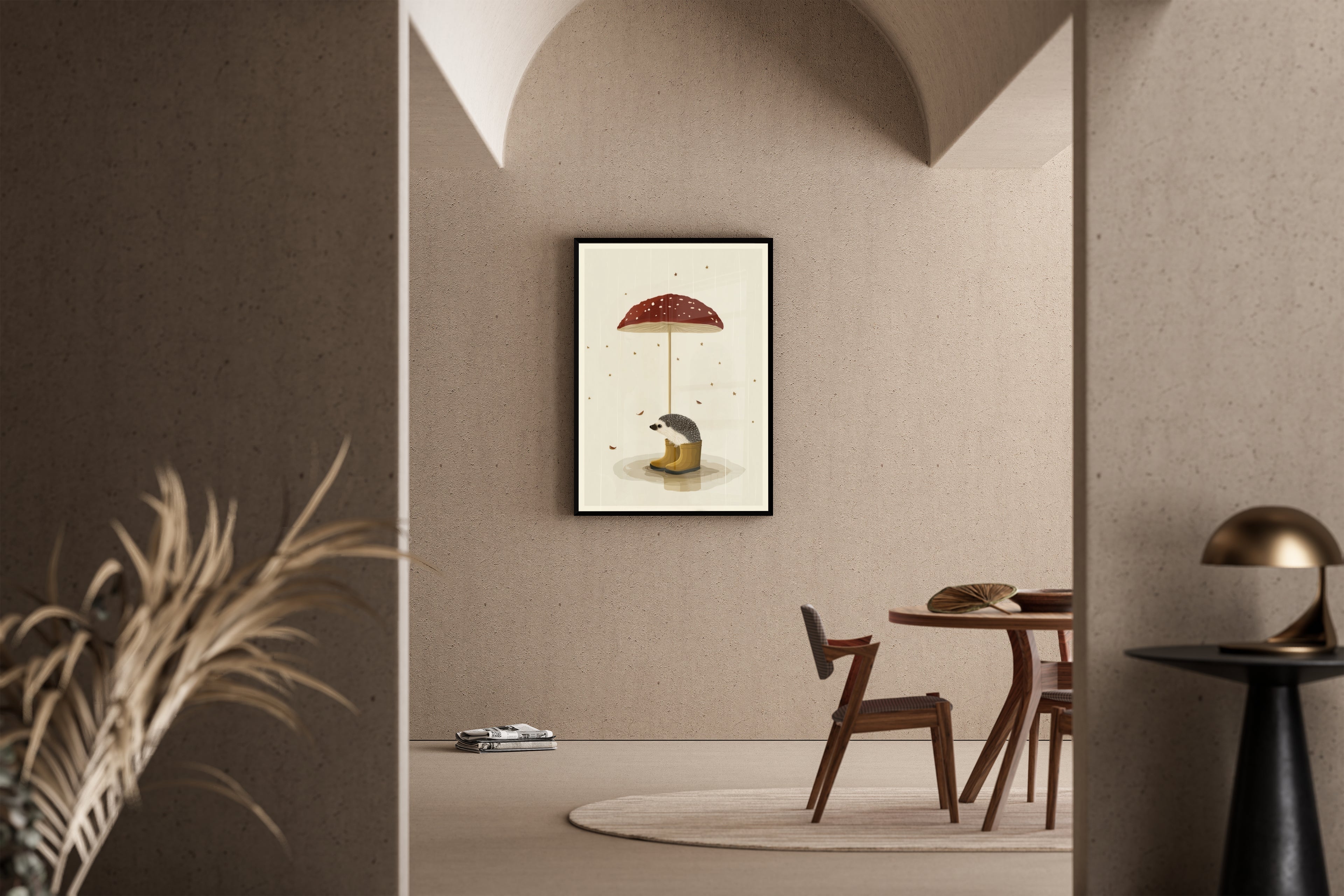 Igel mit Gummistiefeln unter Fliegenpilz im Regen – Kunstdruck im mediterranen Esszimmer