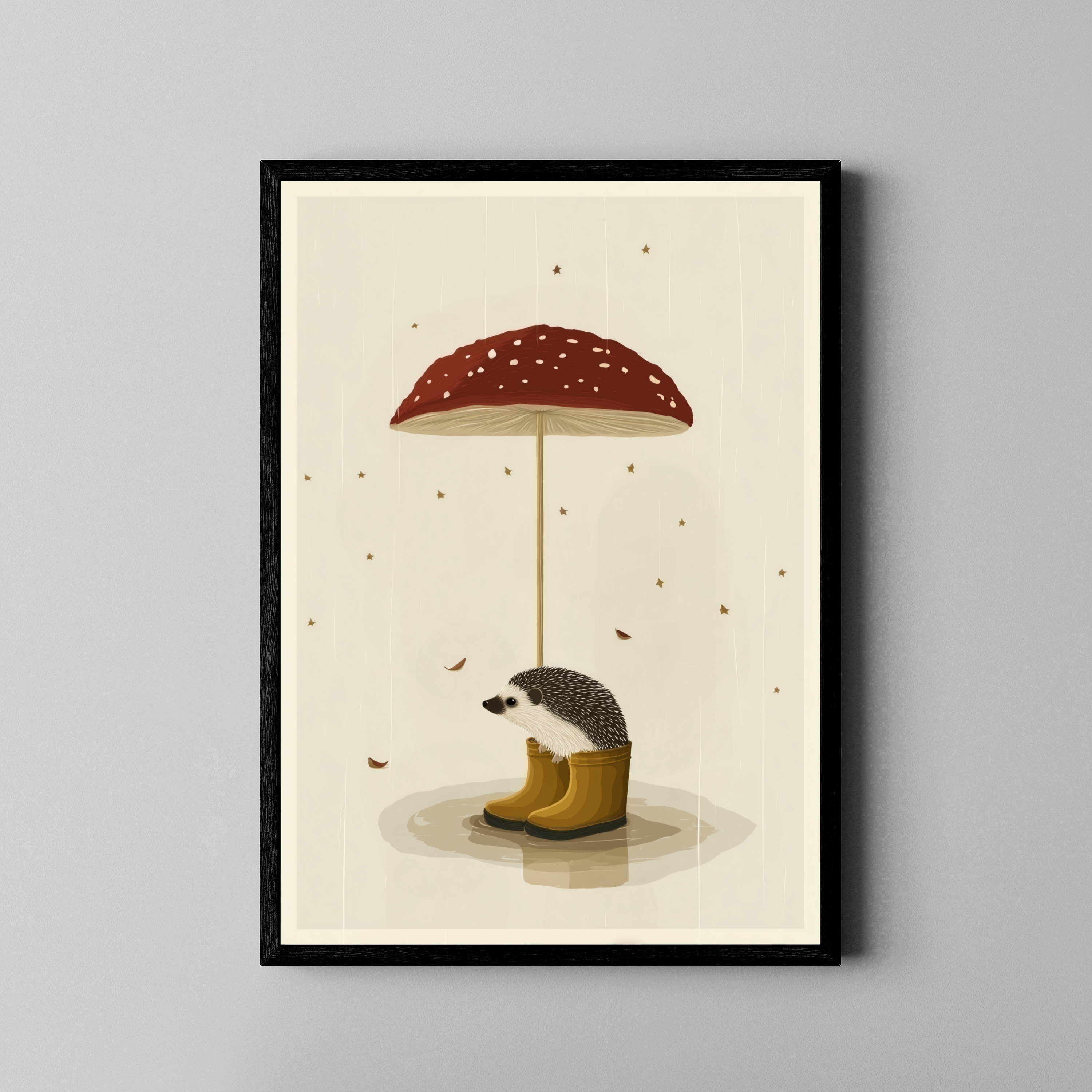 Igel mit Gummistiefeln unter Fliegenpilz im Regen – illustrativer Poster im schwarzen Rahmen
