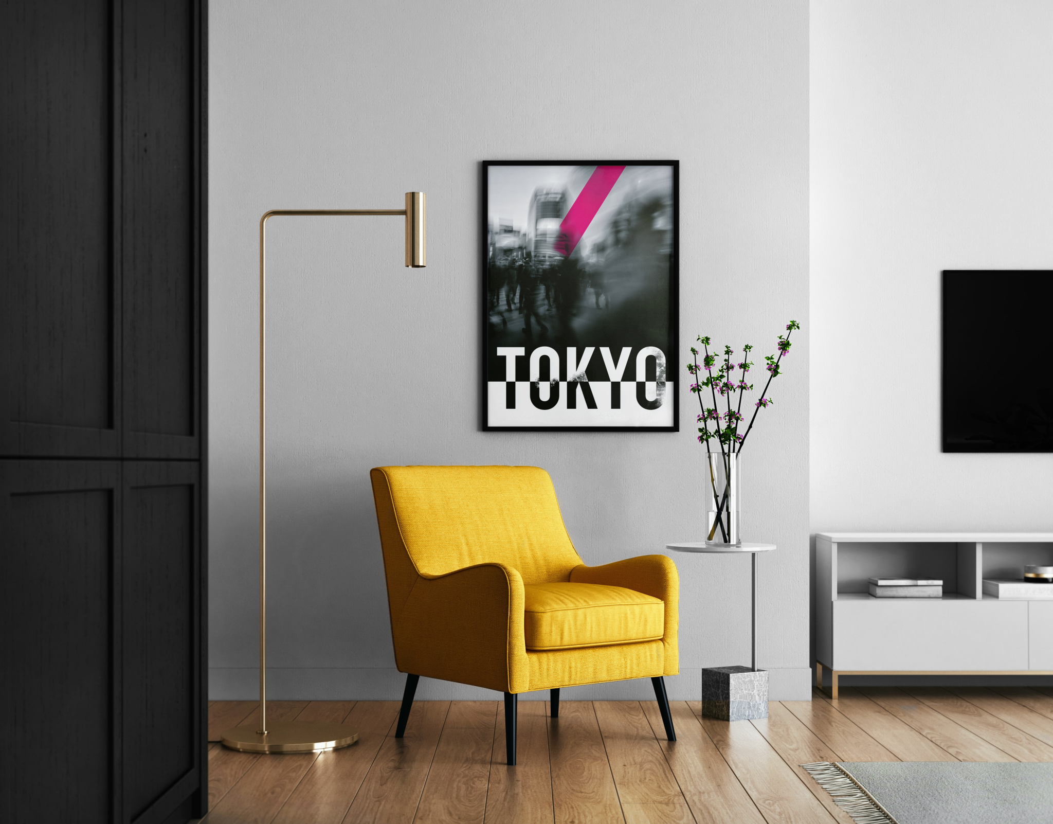 Tokyo – Shibuya Urban Art magenta schwarz Wanddekoration | Graphic-Design-Kunstdruck – Wandbild im modernen Wohnzimmer