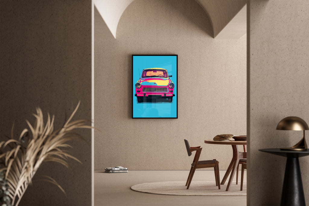 TRABANT – Trabi Pop-Art, pink-gelb auf türkisem Hintergrund, DDR-Kult – Poster im Esszimmer