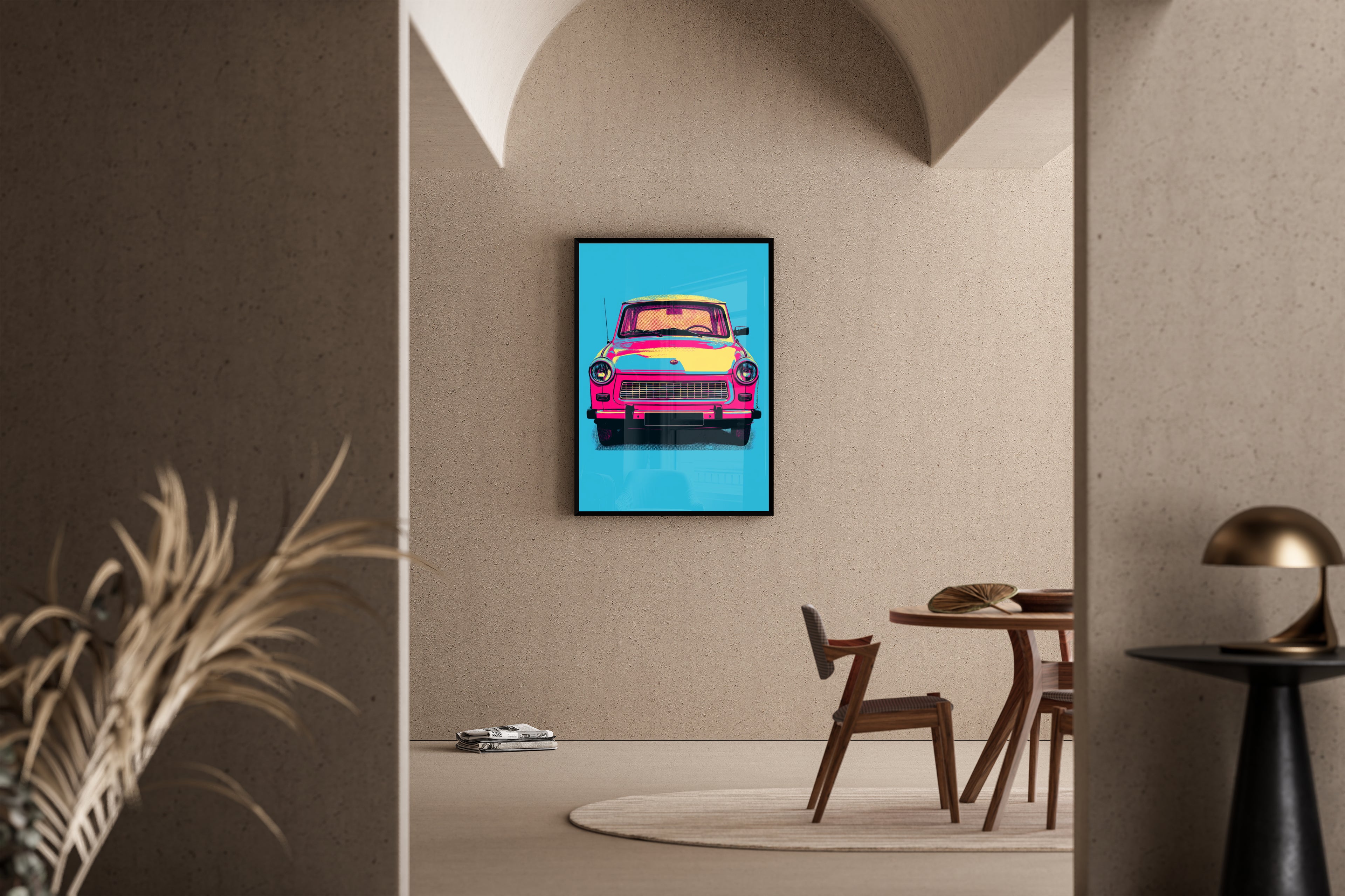 TRABANT – Trabi Pop-Art, pink-gelb auf türkisem Hintergrund, DDR-Kult – Poster im Esszimmer
