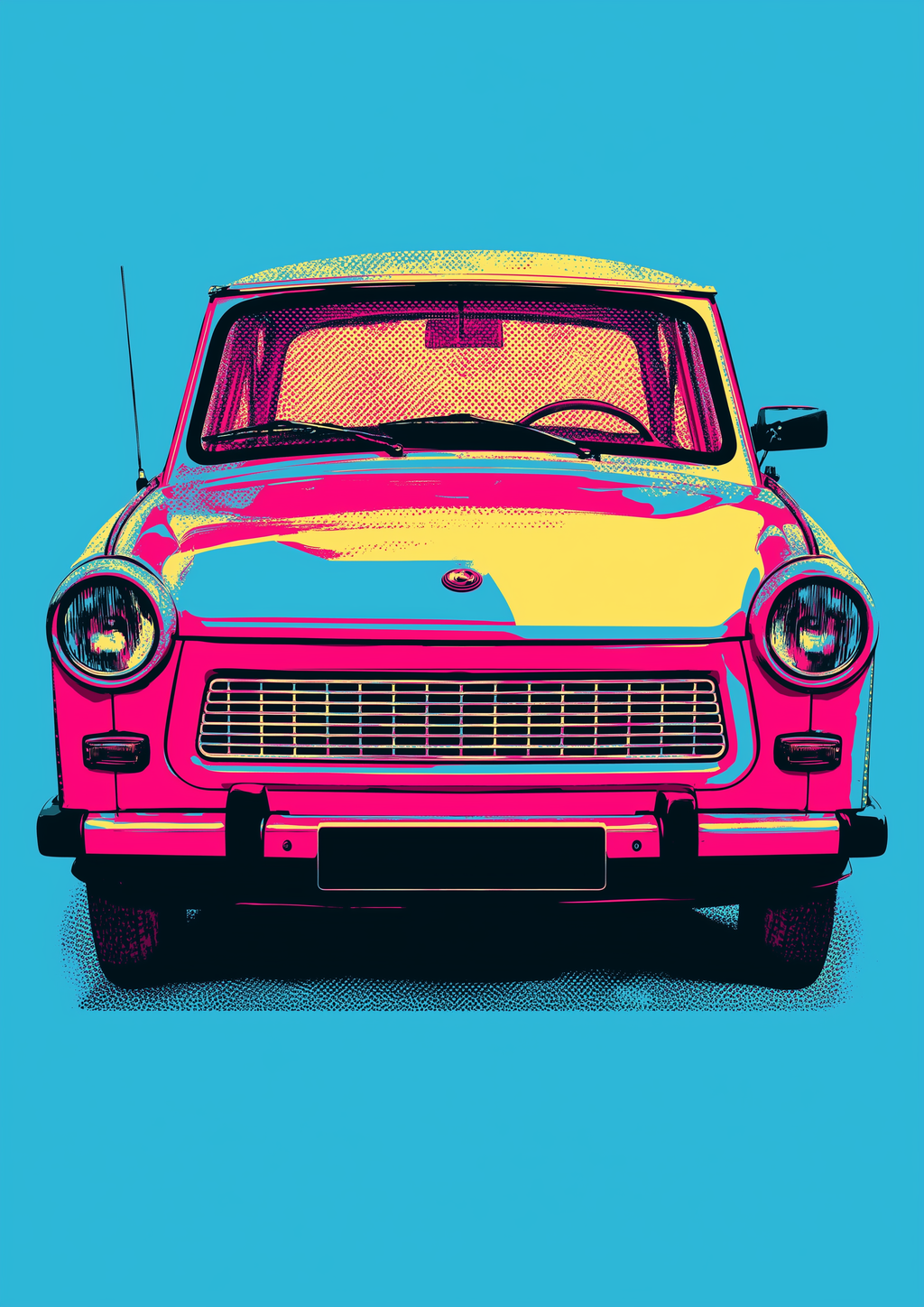 TRABANT – Trabi Pop-Art, pink-gelb auf türkisem Hintergrund, DDR-Kult – eleganter Kunstdruck