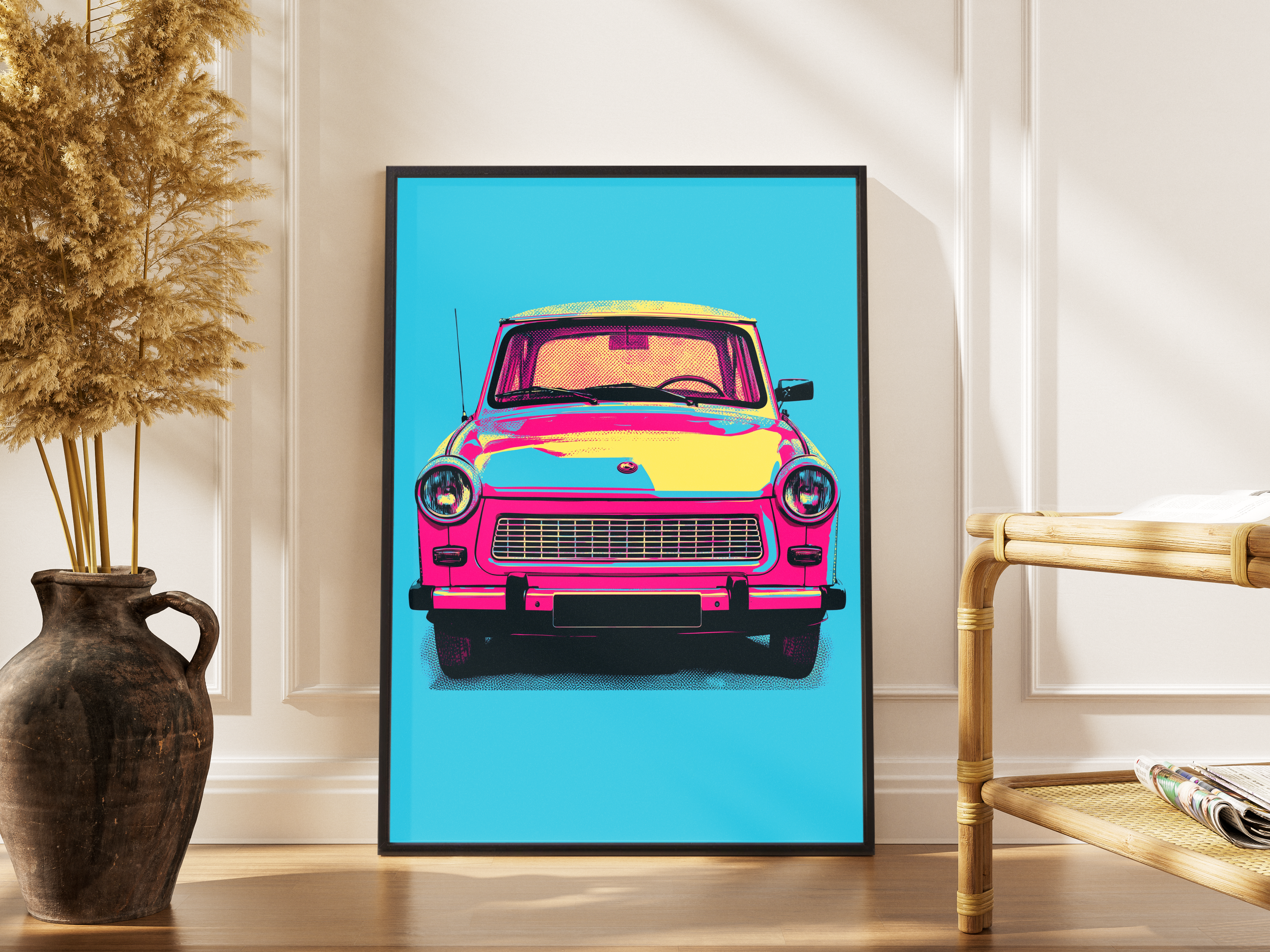 TRABANT – Trabi Pop-Art, pink-gelb auf türkisem Hintergrund, DDR-Kult – gerahmtes Poster kaufen