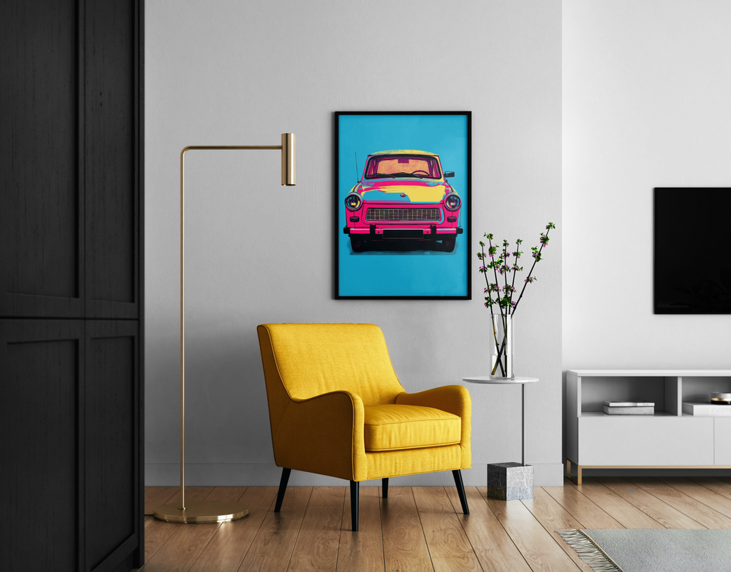 TRABANT – Trabi Pop-Art, pink-gelb auf türkisem Hintergrund, DDR-Kult – Wandbild im modernen Wohnzimmer