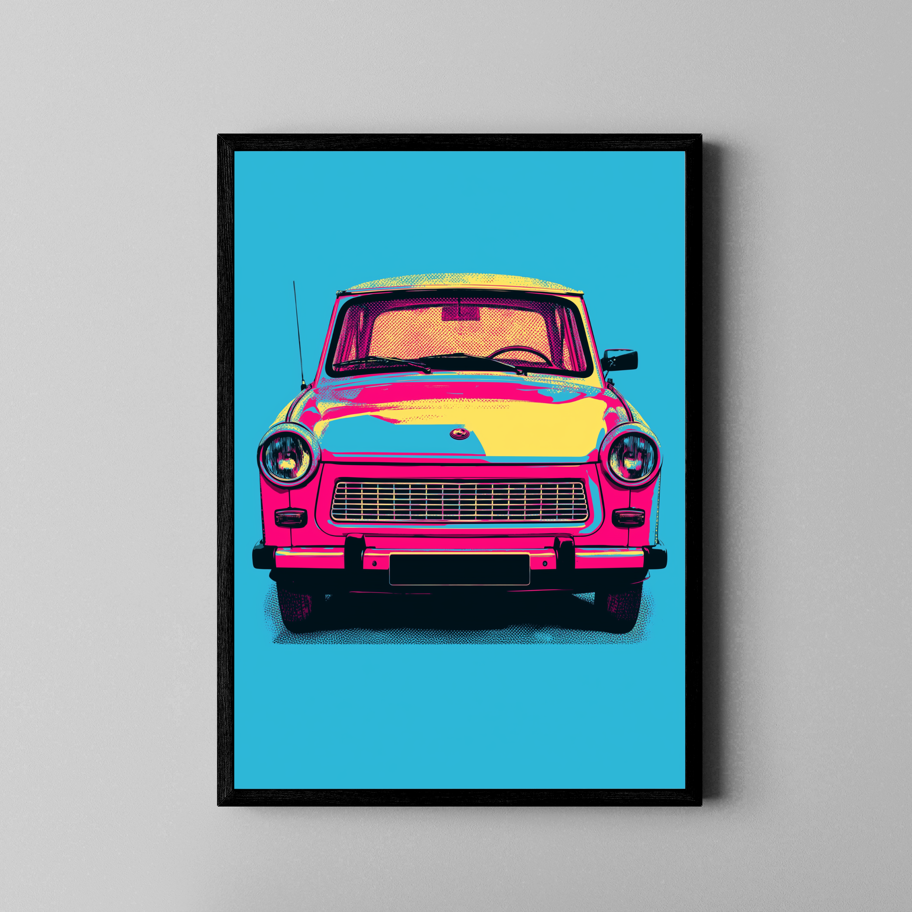 TRABANT – Trabi Pop-Art, pink-gelb auf türkisem Hintergrund, DDR-Kult – Poster im schwarzen Rahmen