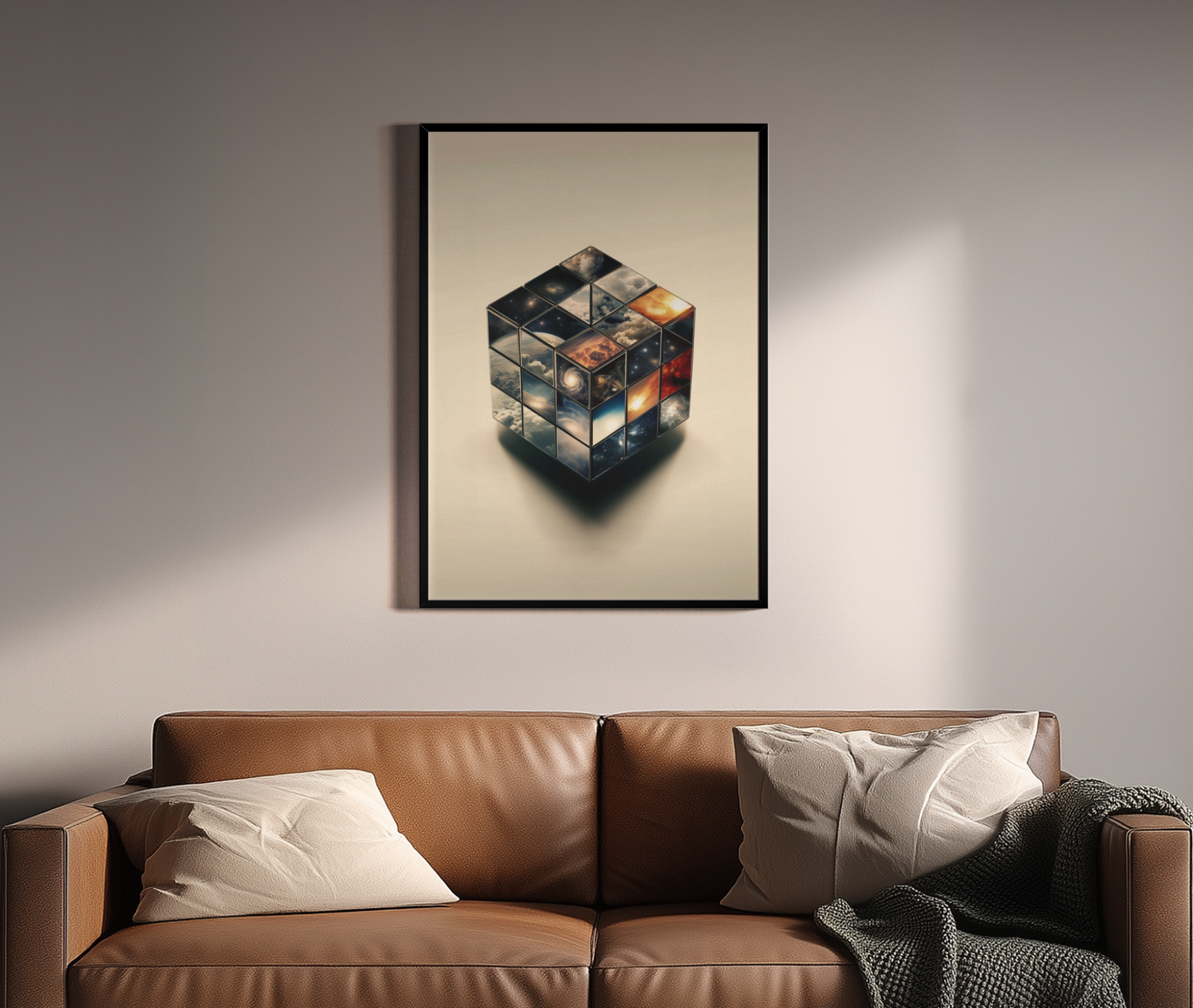 Turning the Universe Compositing-Kunstdruck – Zauberwürfel Universum – Wandbild über braunem Ledersofa
