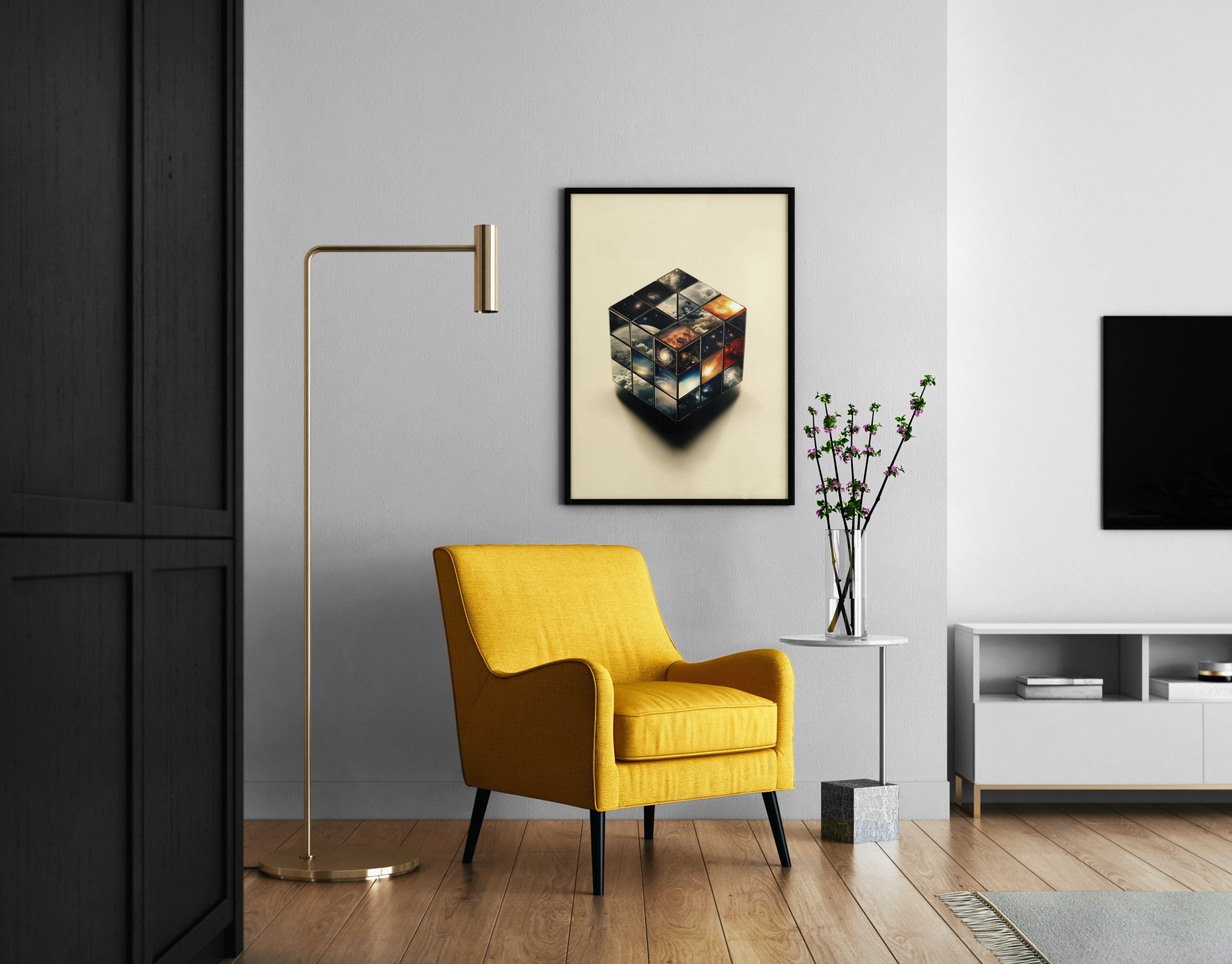 Turning the Universe | Rubikwürfel mit Kosmos Compositing – Wandbild im modernen Wohnzimmer