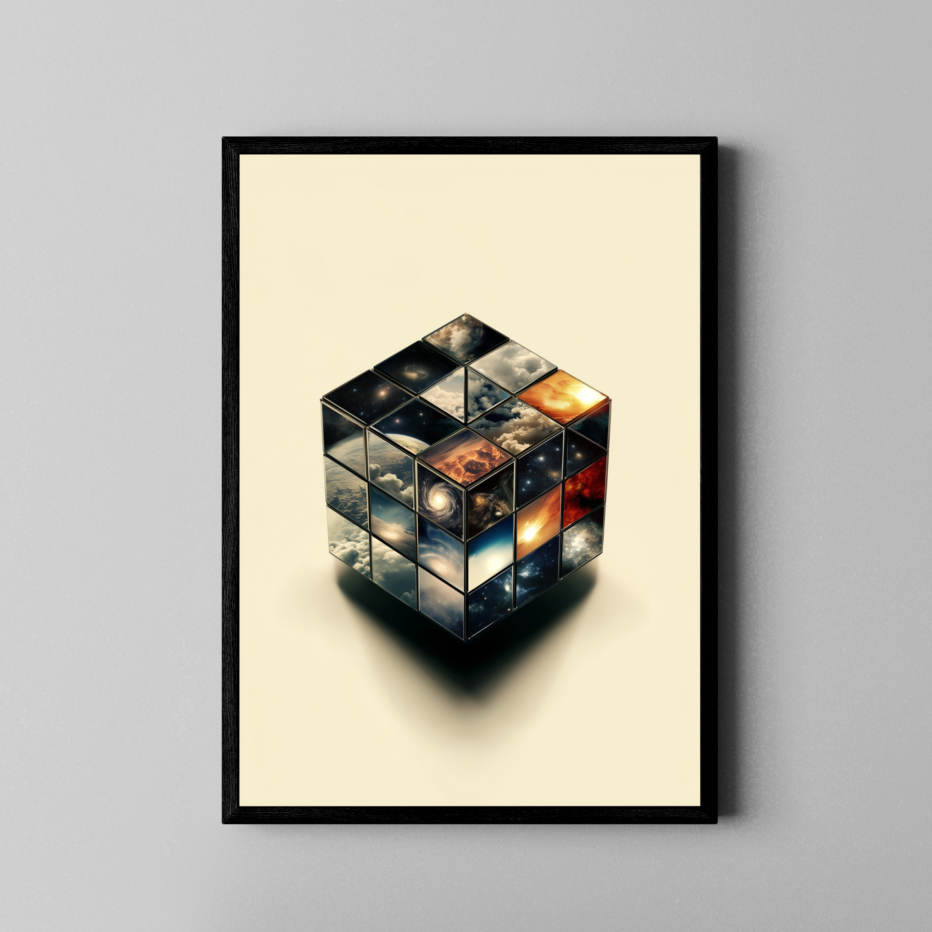 Turning the Universe – Rubikwürfel Kosmos Compositing | Fine Art Poster im schwarzen Rahmen