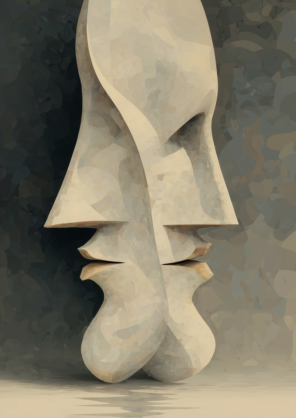 Zwei abstrakte Gesichter als Steinskulptur kurz vor dem Kuss – minimalistischer Fine Art Kunstdruck