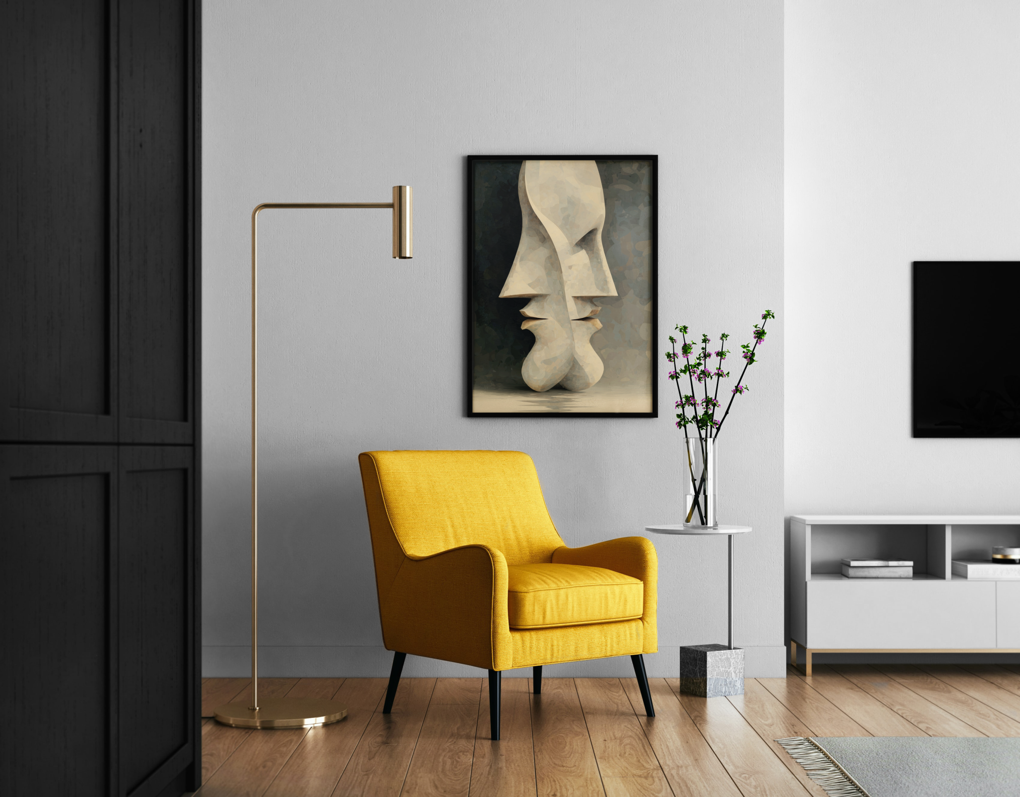 Zwei abstrakte Gesichter als Steinskulptur kurz vor dem Kuss – Fine Art Poster im modernen Wohnzimmer