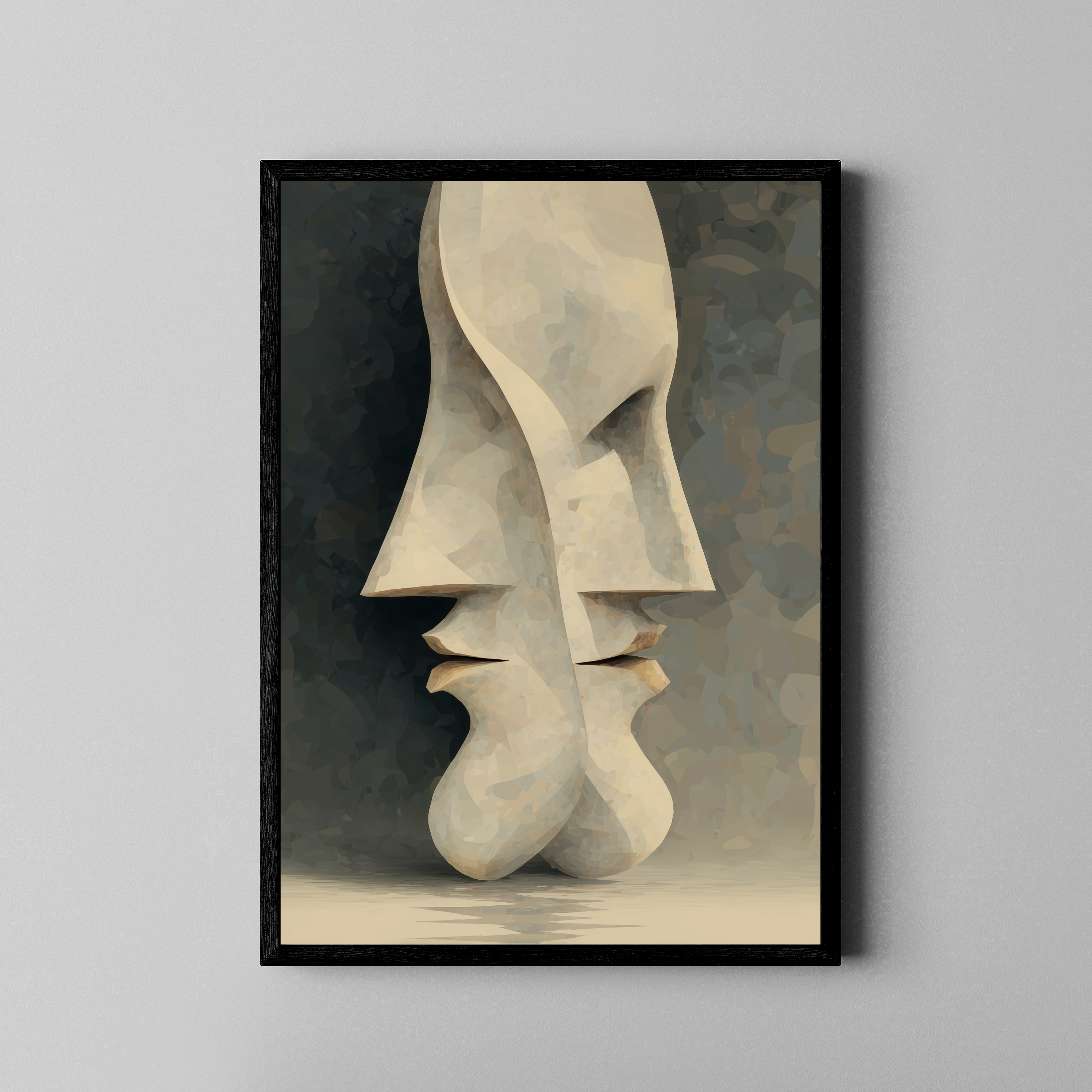 Zwei abstrakte Gesichter als Steinskulptur kurz vor dem Kuss – Fine Art Poster im schwarzen Rahmen