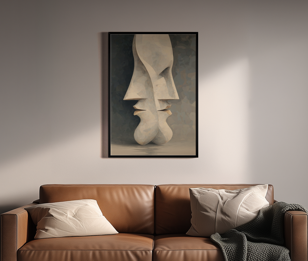 Zwei abstrakte Gesichter als Steinskulptur kurz vor dem Kuss – Wandbild über braunem Ledersofa