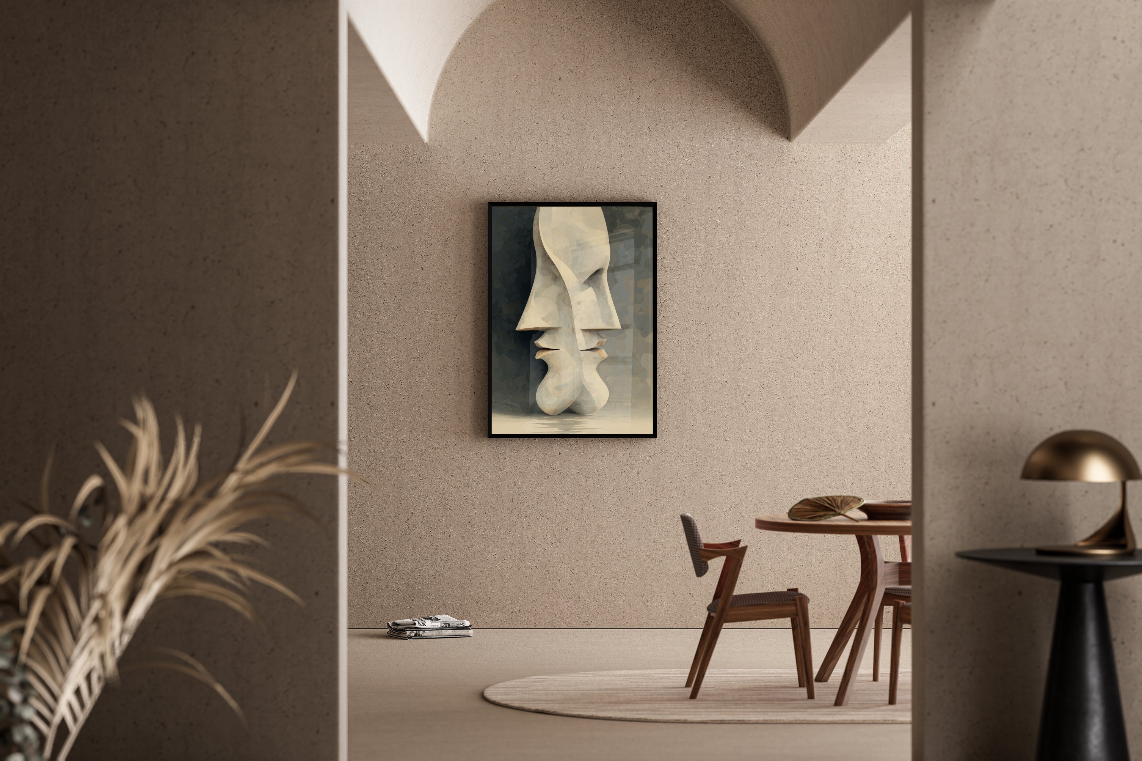 Zwei abstrakte Gesichter als Steinskulptur kurz vor dem Kuss – Kunstdruck im mediterranen Esszimmer