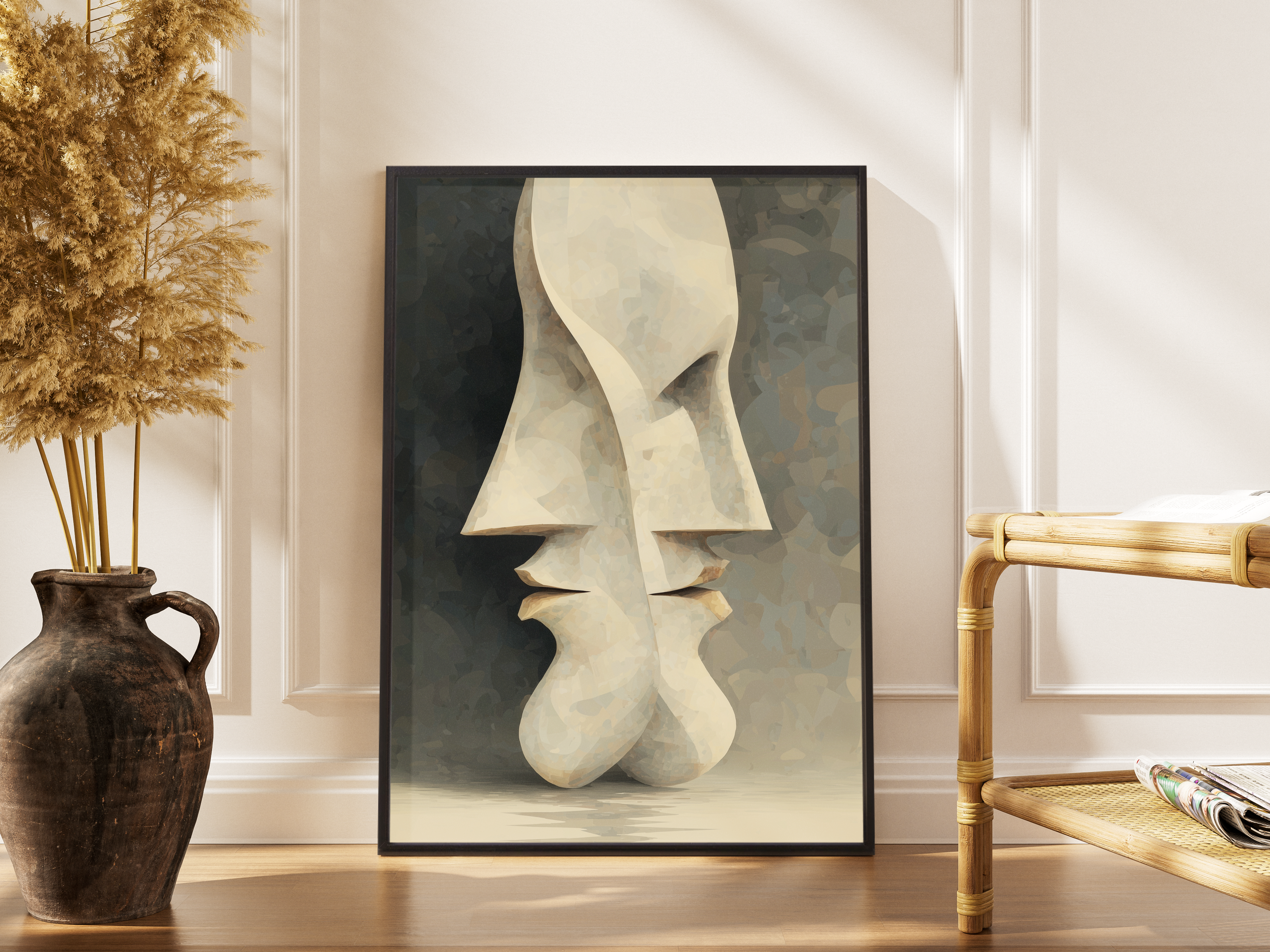 Zwei abstrakte Gesichter als Steinskulptur kurz vor dem Kuss – gerahmter Fine Art Kunstdruck kaufen