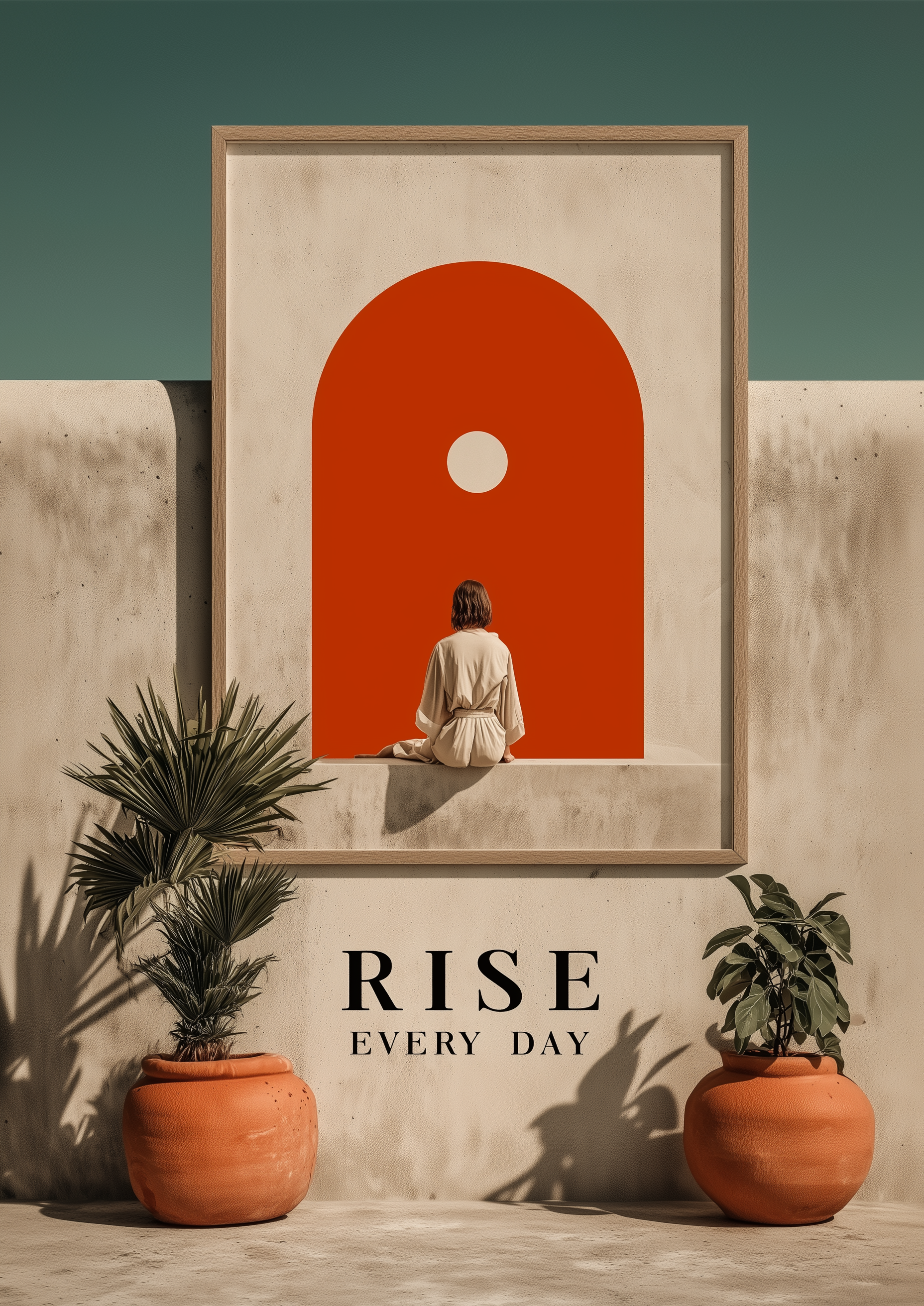 RISE EVERY DAY – Frau vor rotem Bogen minimalistisch – motivierender Fine Art Kunstdruck