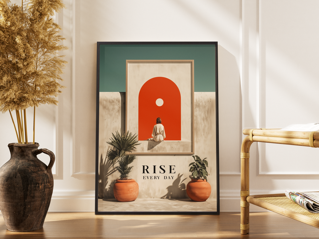RISE EVERY DAY – Frau vor rotem Bogen minimalistisch – gerahmter motivierender Kunstdruck kaufen