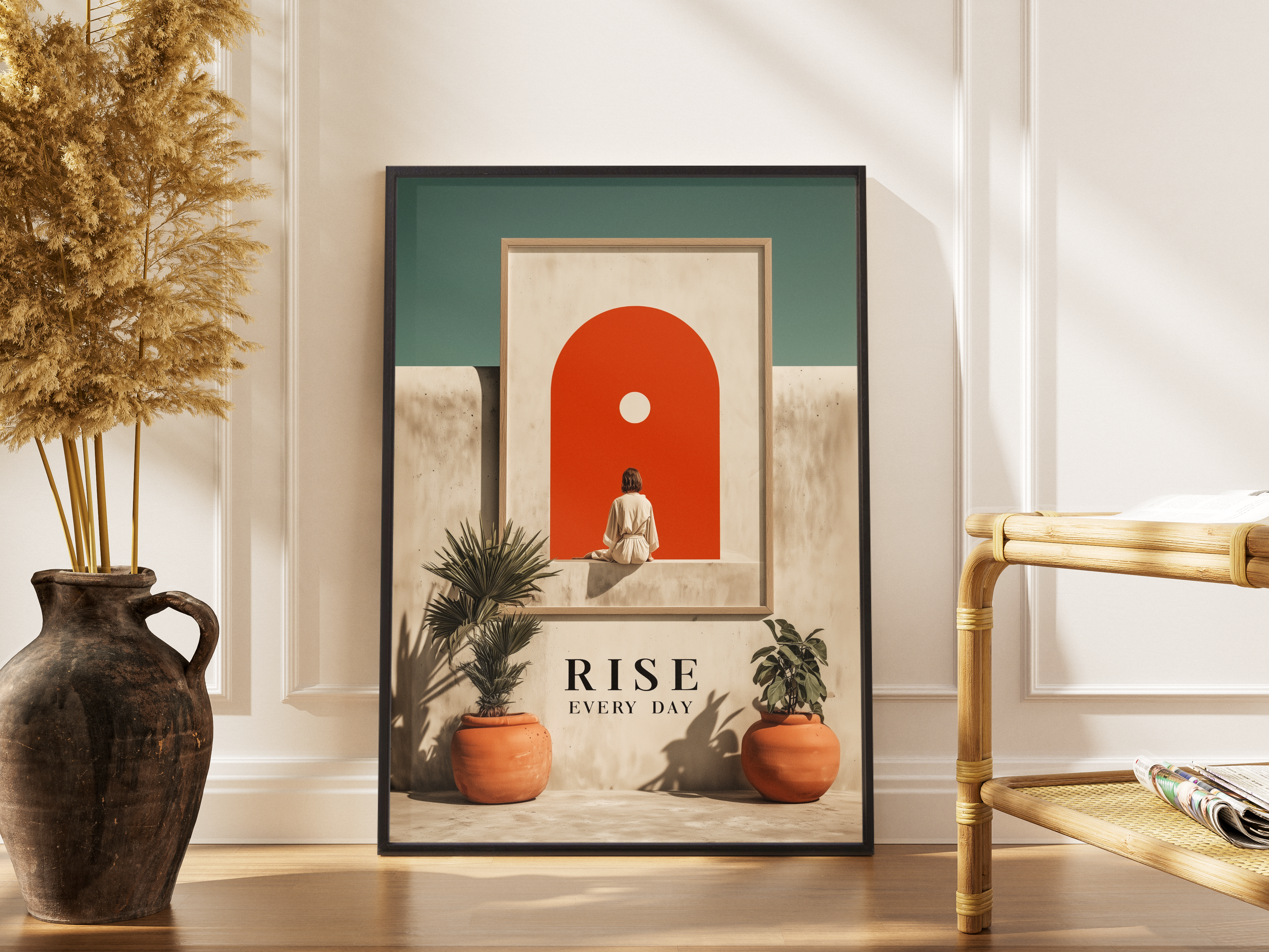 RISE EVERY DAY – Frau vor rotem Bogen minimalistisch – gerahmter motivierender Kunstdruck kaufen