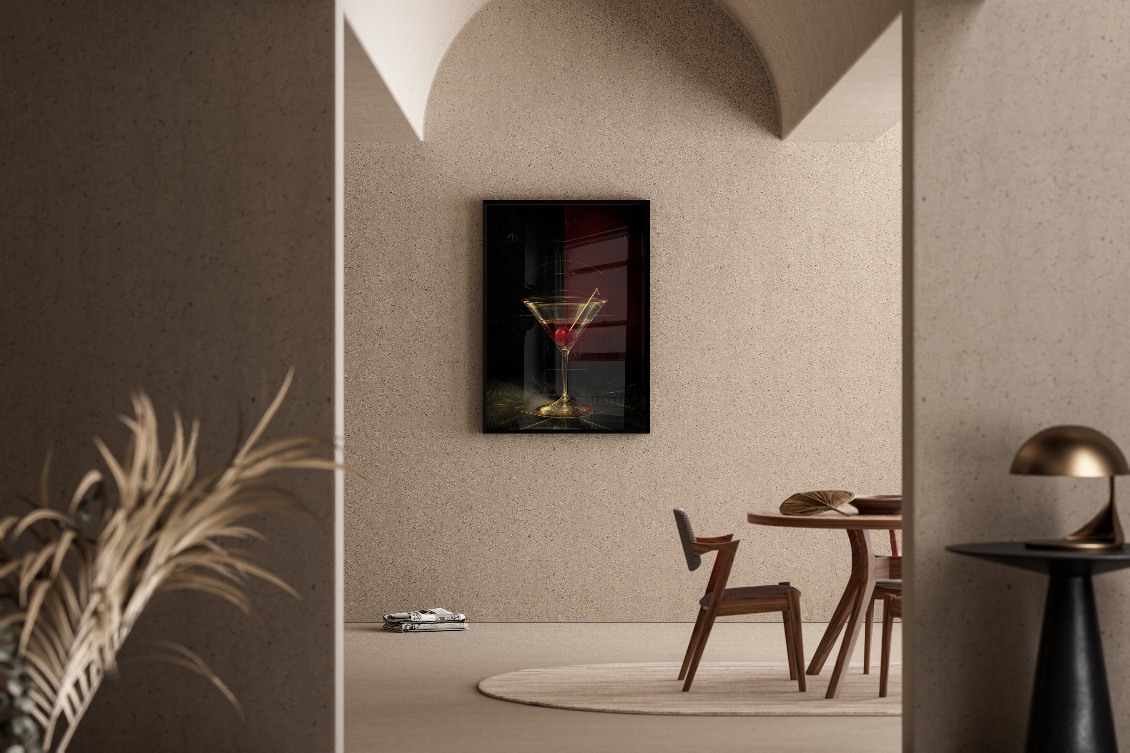 Martini-Glas mit Kirsche vor dunklem Art-Déco-Hintergrund in Gold – Kunstdruck im mediterranen Esszimmer