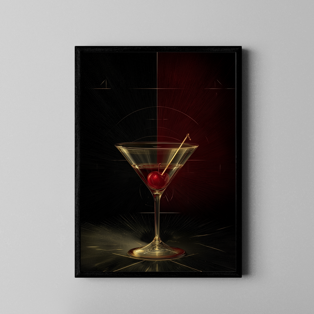 Martini-Glas mit Kirsche vor dunklem Art-Déco-Hintergrund in Gold – Bar Poster im schwarzen Rahmen