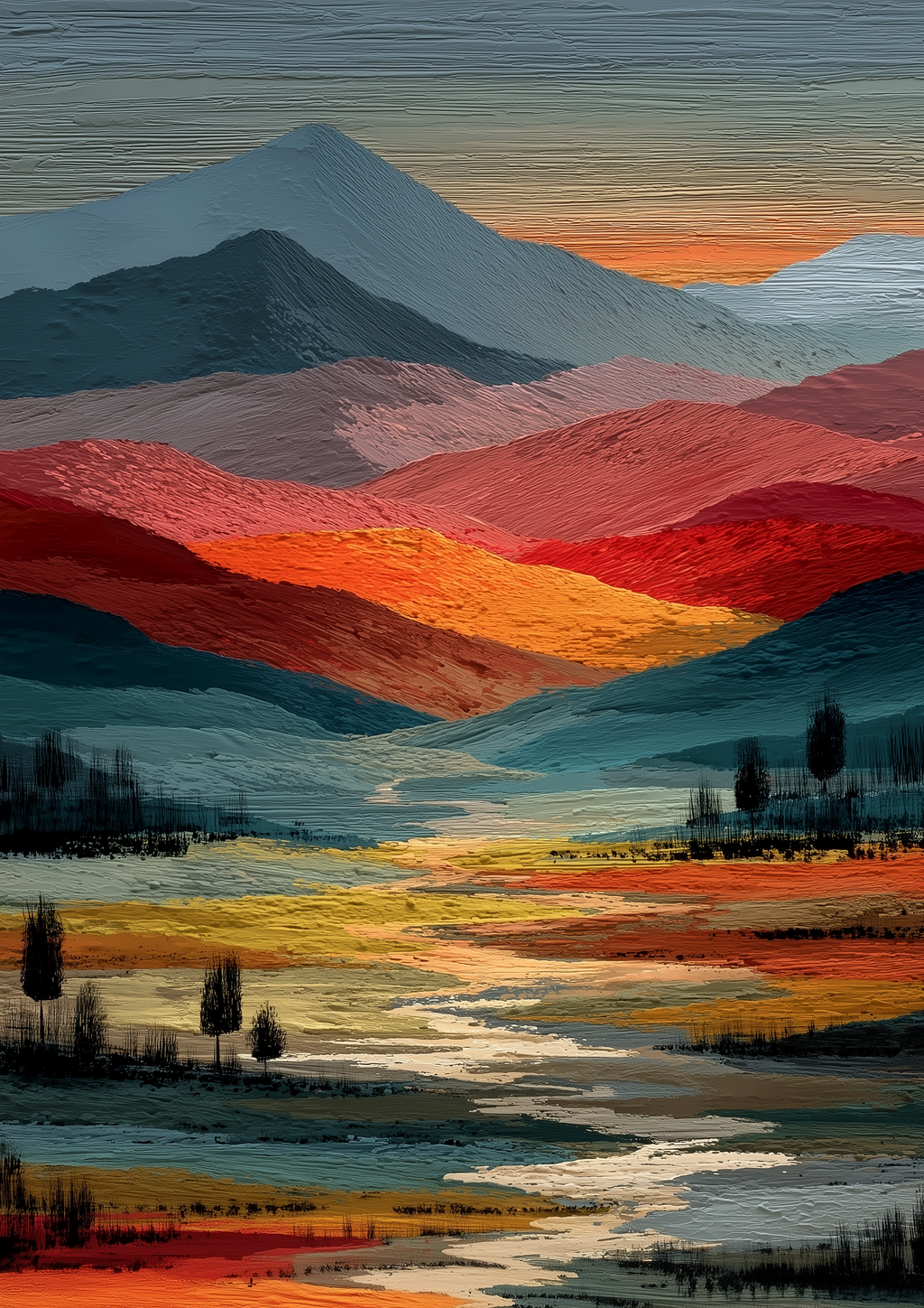 Farbintensive Berglandschaft mit Fluss in Öl-Textur – abstrakter Fine Art Kunstdruck