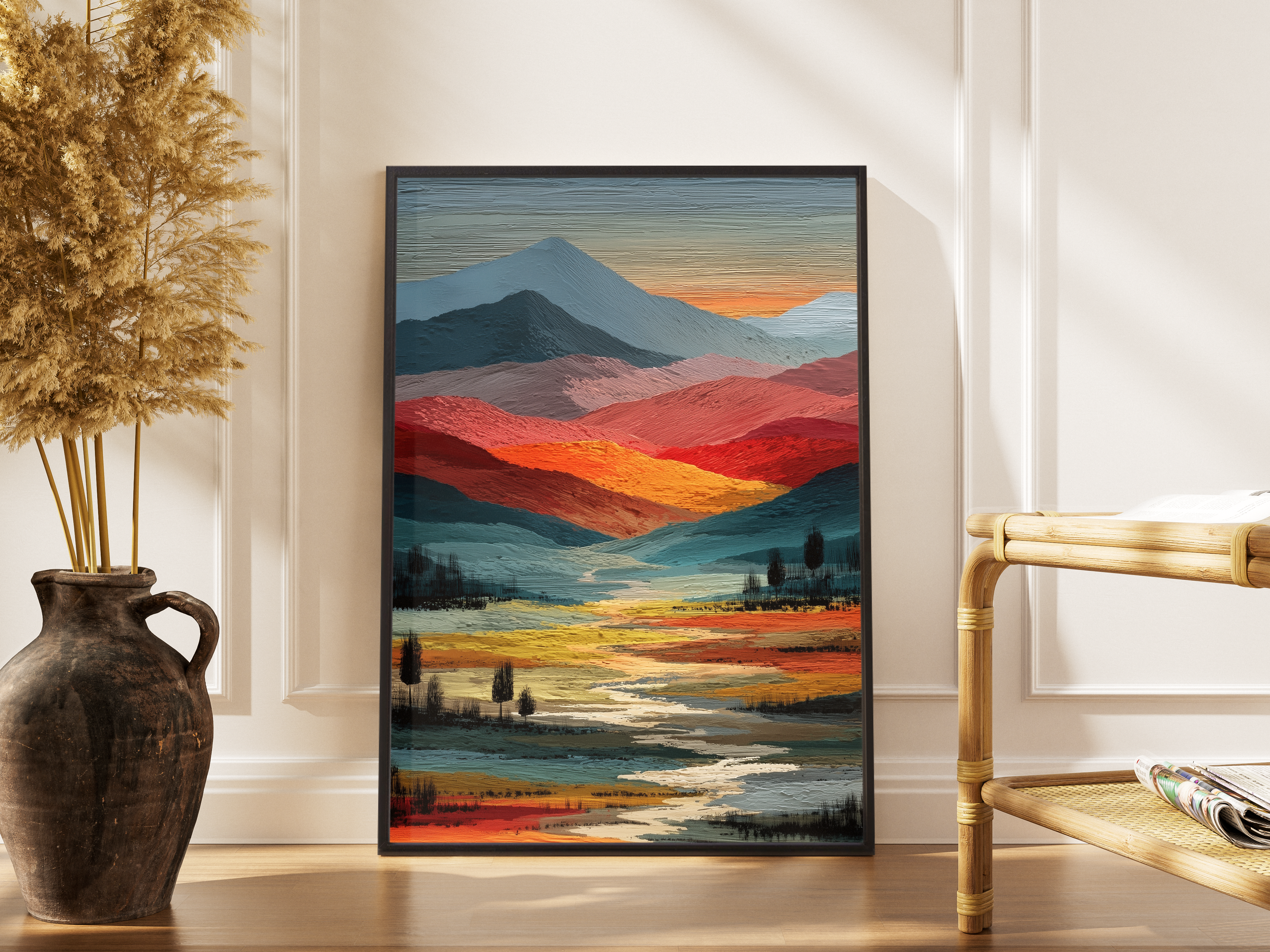 Farbintensive Berglandschaft mit Fluss in Öl-Textur – gerahmter Kunstdruck kaufen