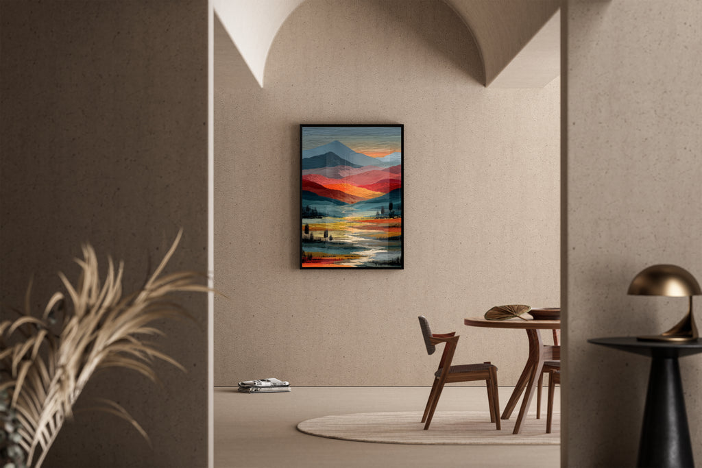 Farbintensive Berglandschaft mit Fluss in Öl-Textur – Kunstdruck im mediterranen Esszimmer