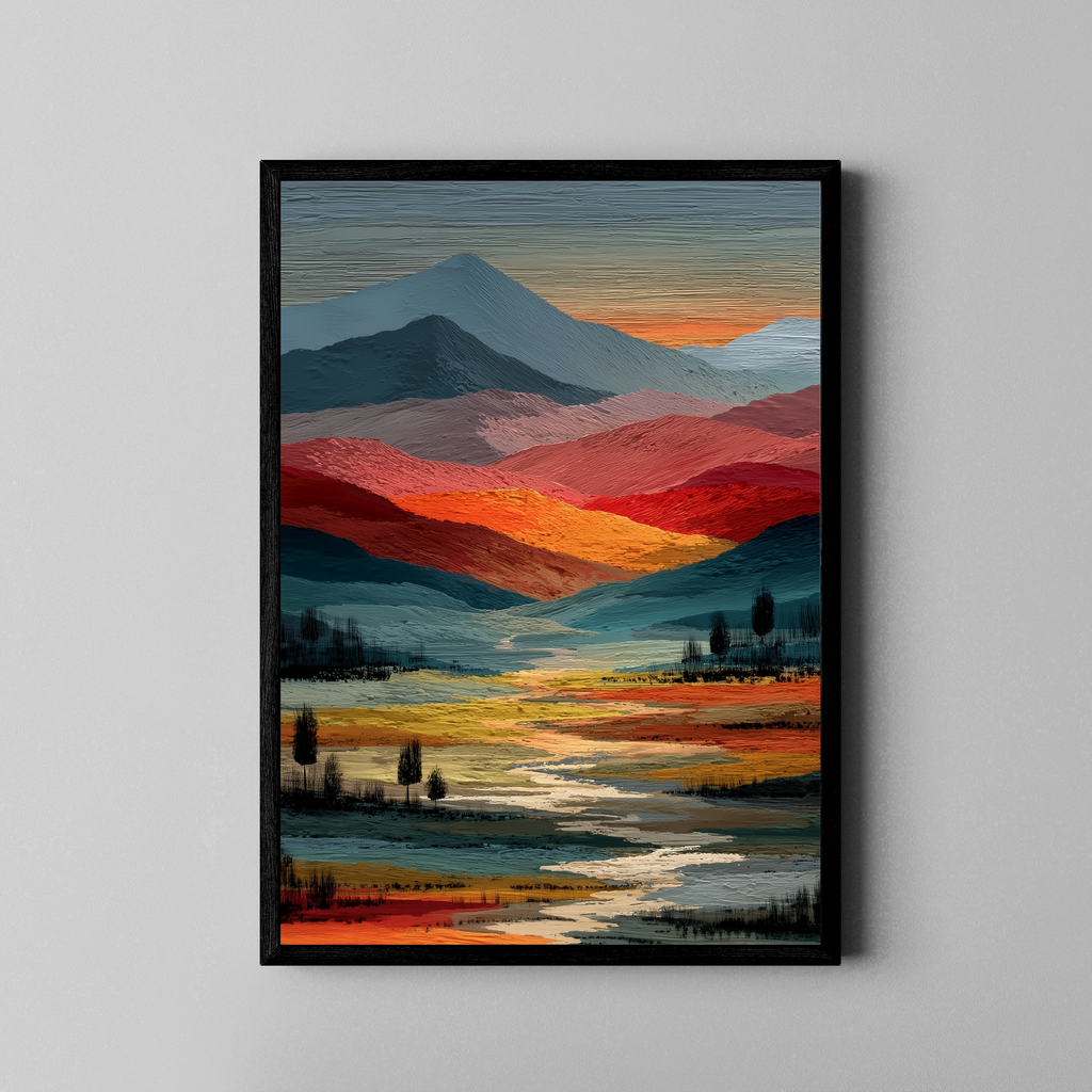Farbintensive Berglandschaft mit Fluss in Öl-Textur – Fine Art Poster im schwarzen Rahmen