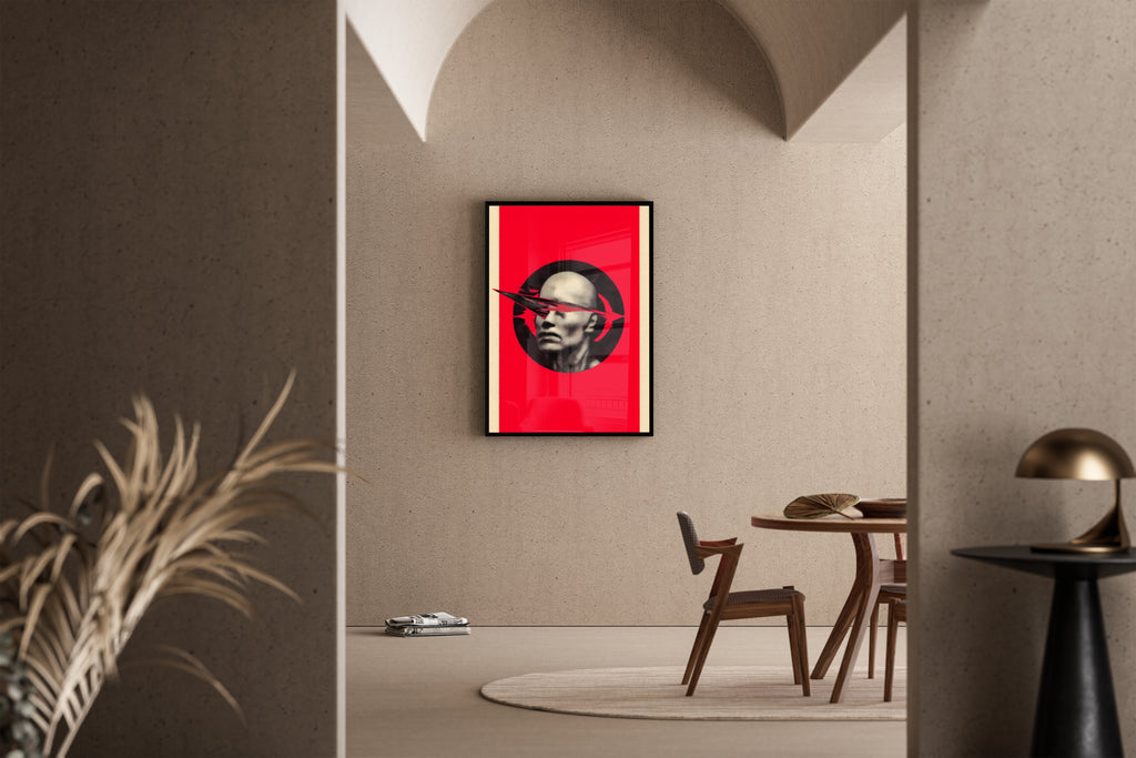 Steinbüste mit rotem Pfeil auf knalligem Rot im Konstruktivismus-Stil – Kunstdruck im mediterranen Esszimmer