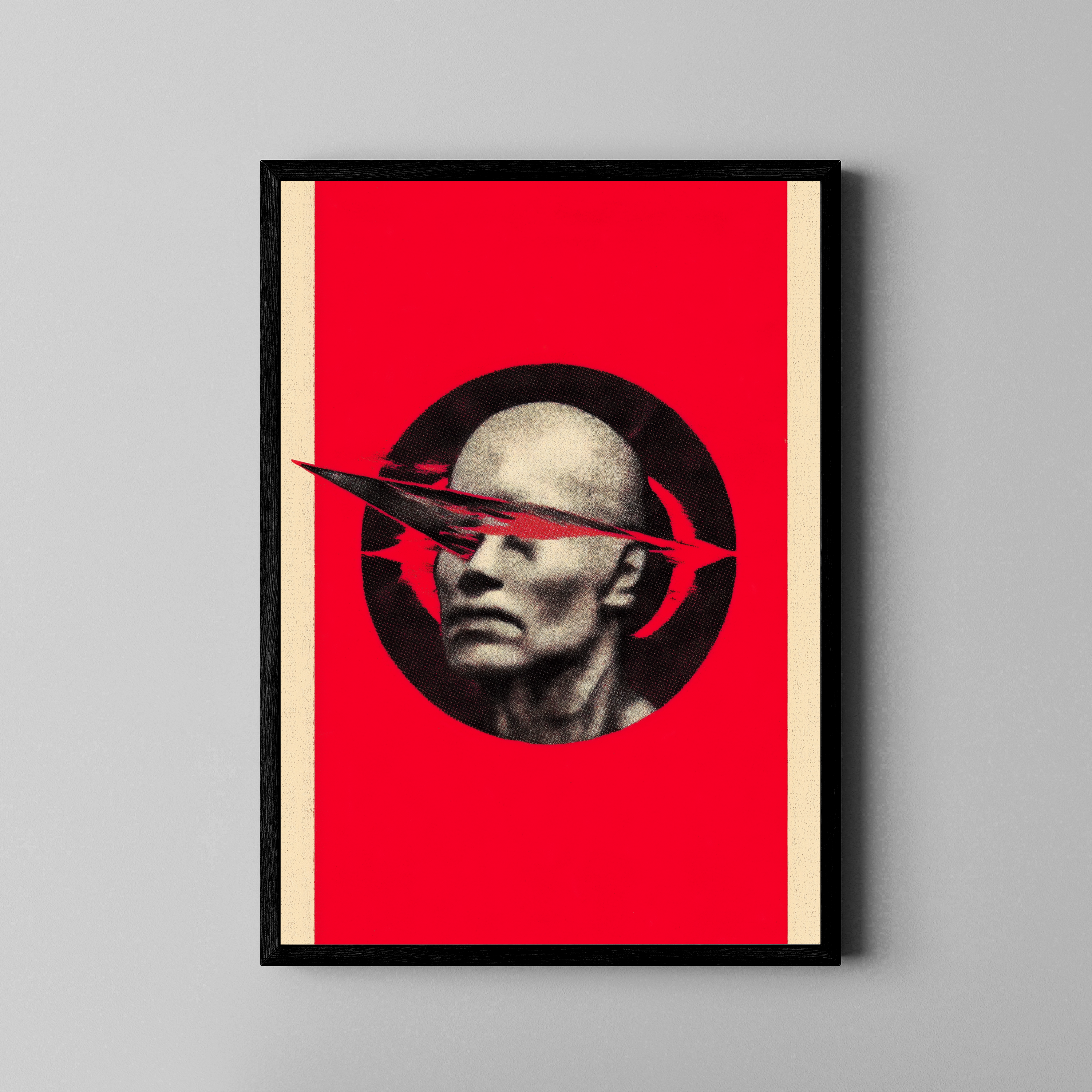 Steinbüste mit rotem Pfeil auf knalligem Rot im Konstruktivismus-Stil – Statement Poster im schwarzen Rahmen