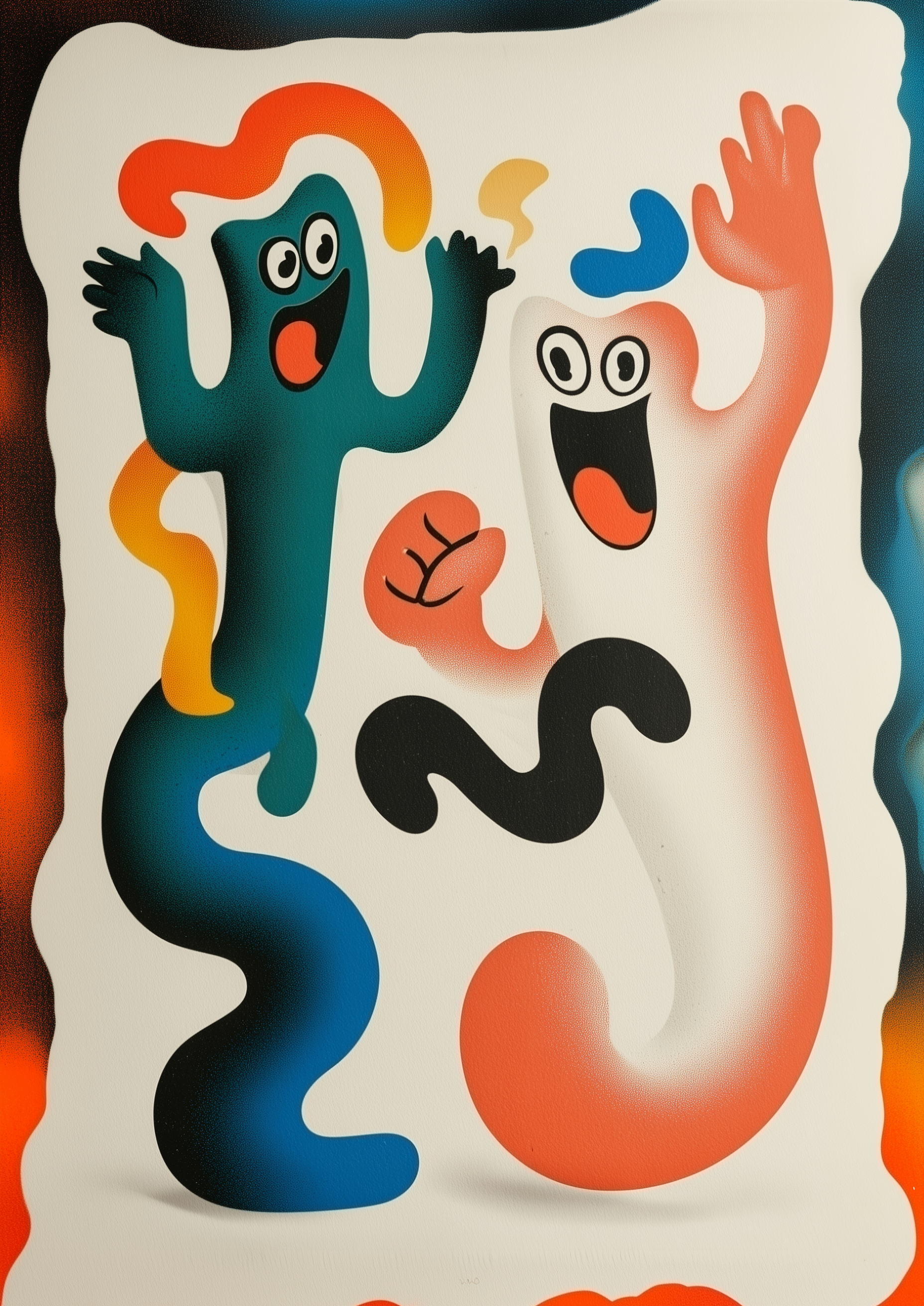 Tanzende Cartoon-Figuren in kräftigen Farben – verspielter Pop-Art Kunstdruck