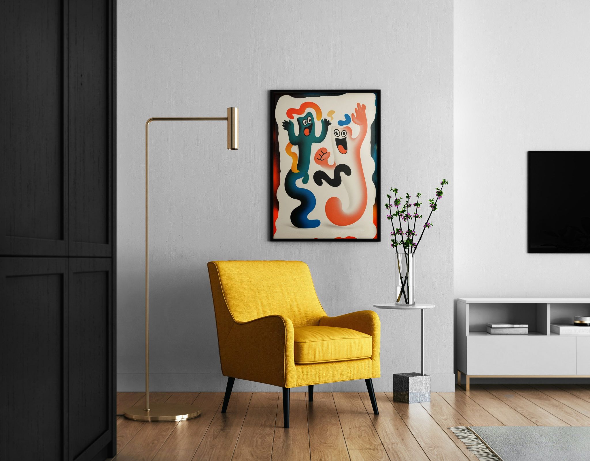 Tanzende Cartoon-Figuren in kräftigen Farben – verspielter Poster im modernen Wohnzimmer