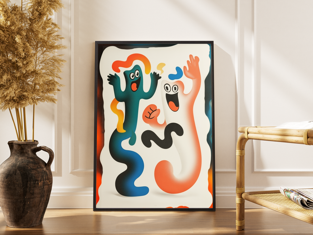 Tanzende Cartoon-Figuren in kräftigen Farben – gerahmter Pop-Art Kunstdruck kaufen