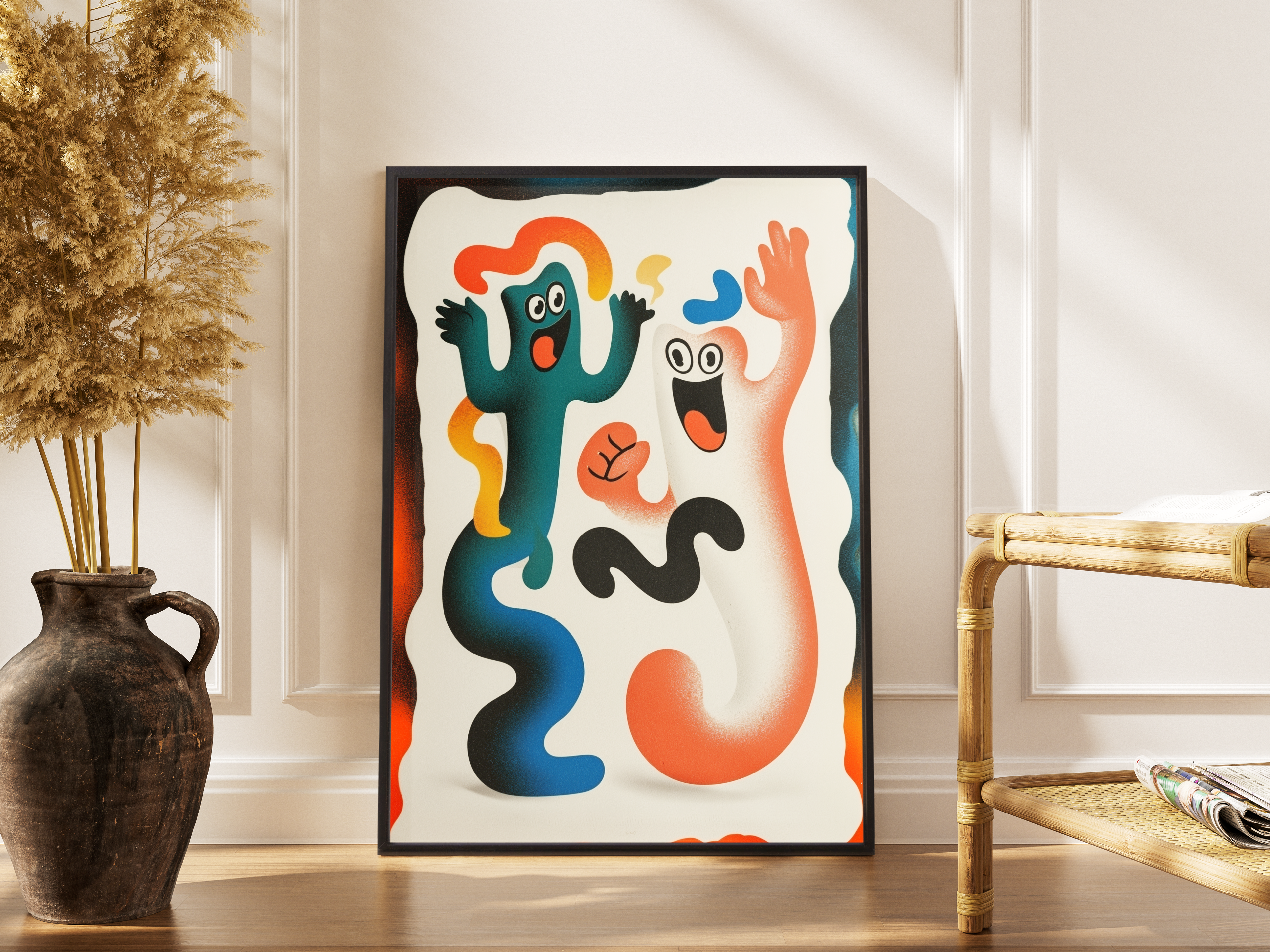 Tanzende Cartoon-Figuren in kräftigen Farben – gerahmter Pop-Art Kunstdruck kaufen