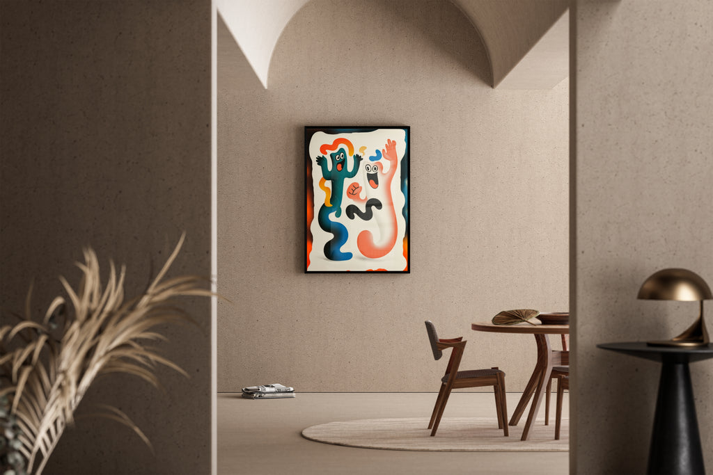 Tanzende Cartoon-Figuren in kräftigen Farben – Pop-Art Kunstdruck im mediterranen Esszimmer