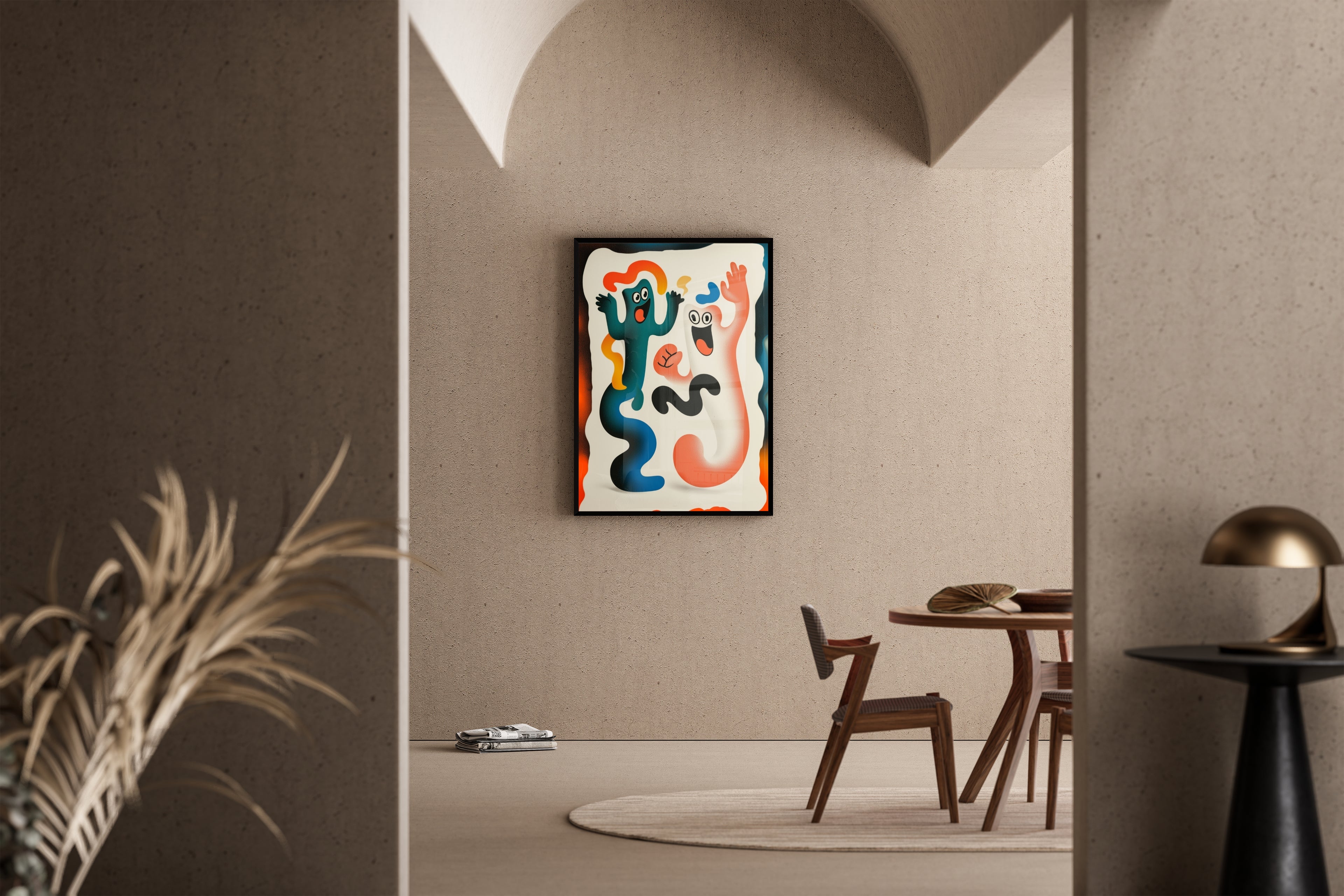 Tanzende Cartoon-Figuren in kräftigen Farben – Pop-Art Kunstdruck im mediterranen Esszimmer