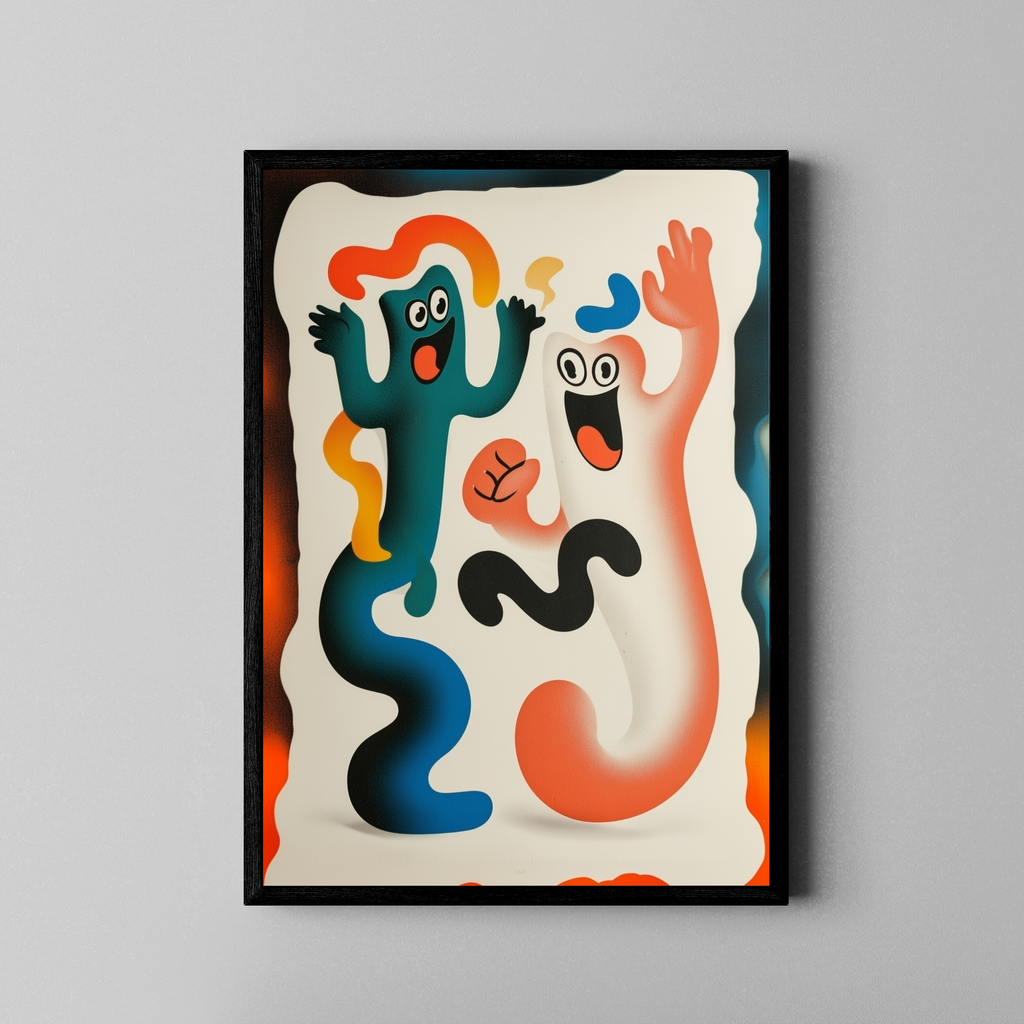 Tanzende Cartoon-Figuren in kräftigen Farben – Pop-Art Poster im schwarzen Rahmen