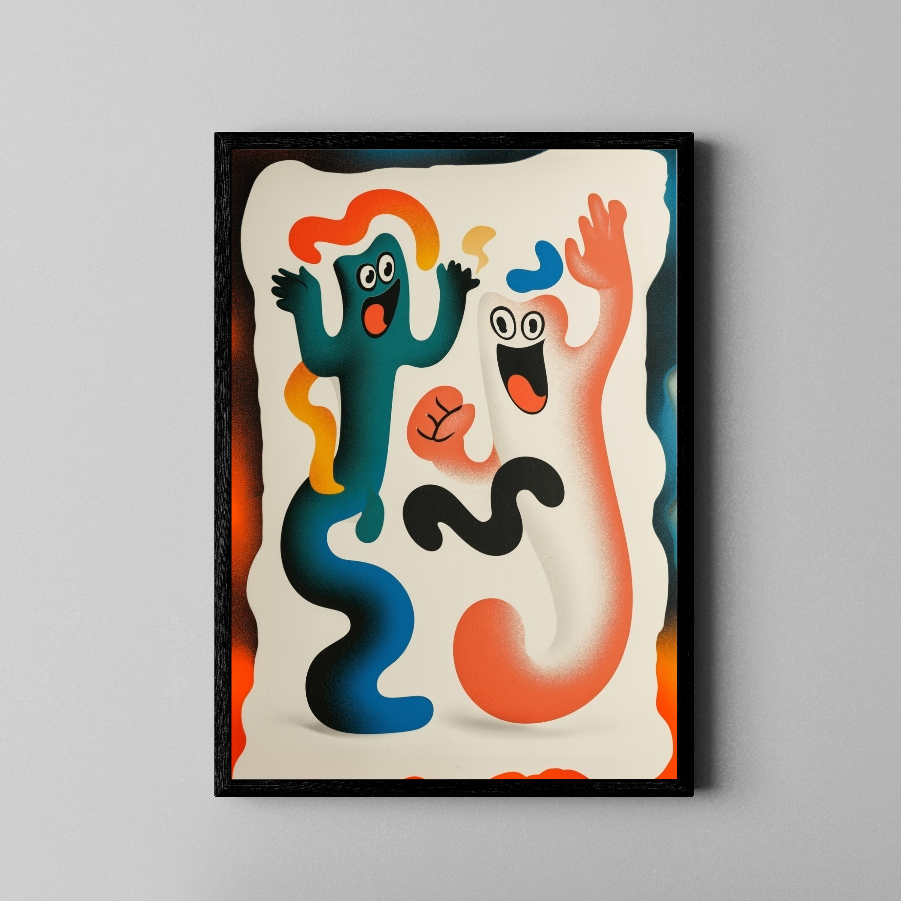 Tanzende Cartoon-Figuren in kräftigen Farben – Pop-Art Poster im schwarzen Rahmen