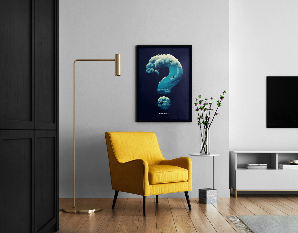 What's Next – Wellen-Fragezeichen mit Surfer motivierendes Poster | Grafik-Design-Kunstdruck – Wandbild im modernen Wohnzimmer