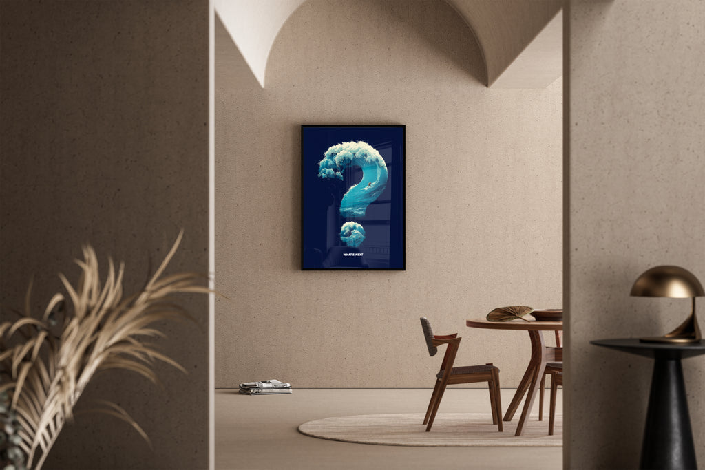 What's Next – surreale Welle Fragezeichen Surfer Wandbild | Pixel-Art-Illustration – Poster im Esszimmer