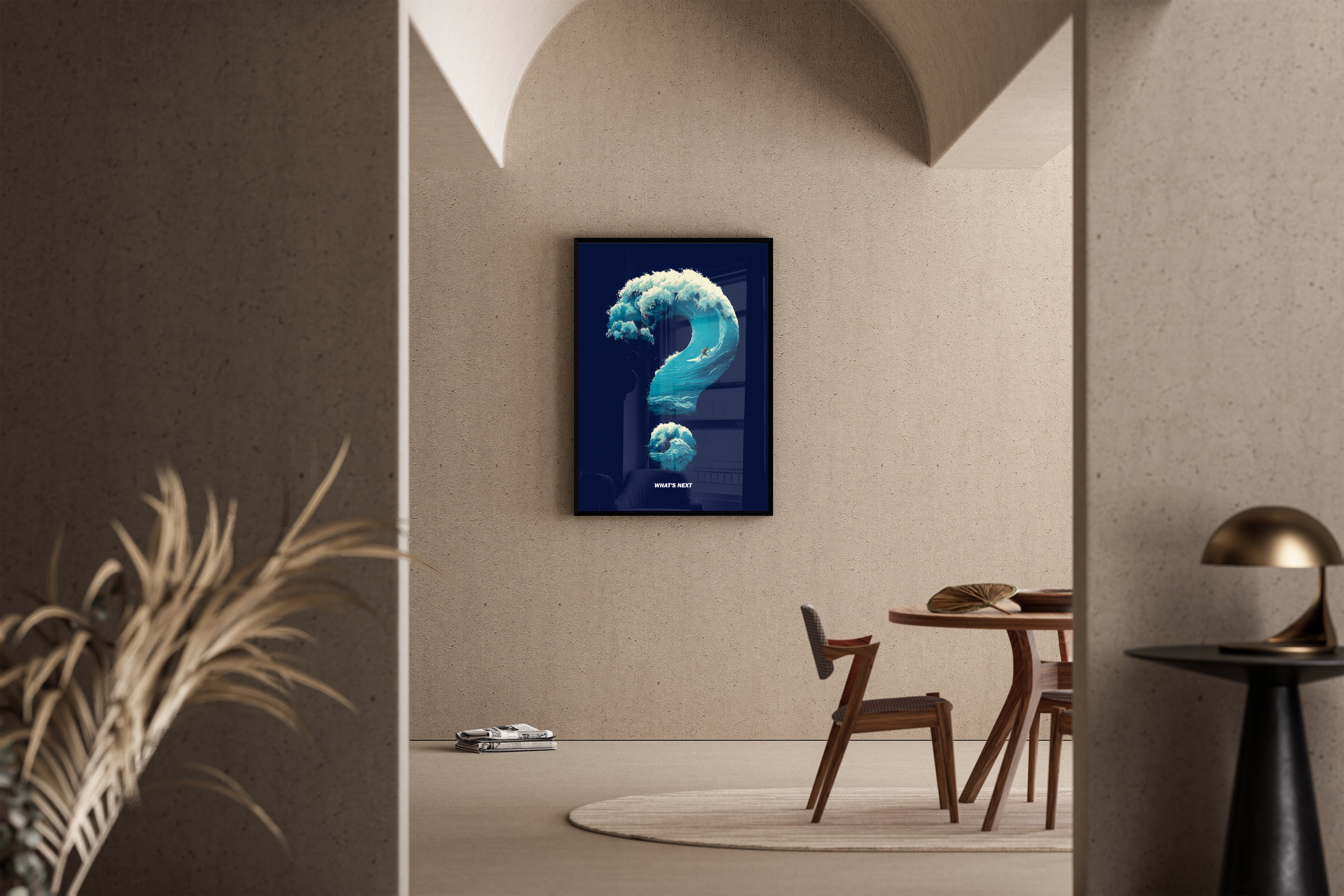 What's Next – surreale Welle Fragezeichen Surfer Wandbild | Pixel-Art-Illustration – Poster im Esszimmer
