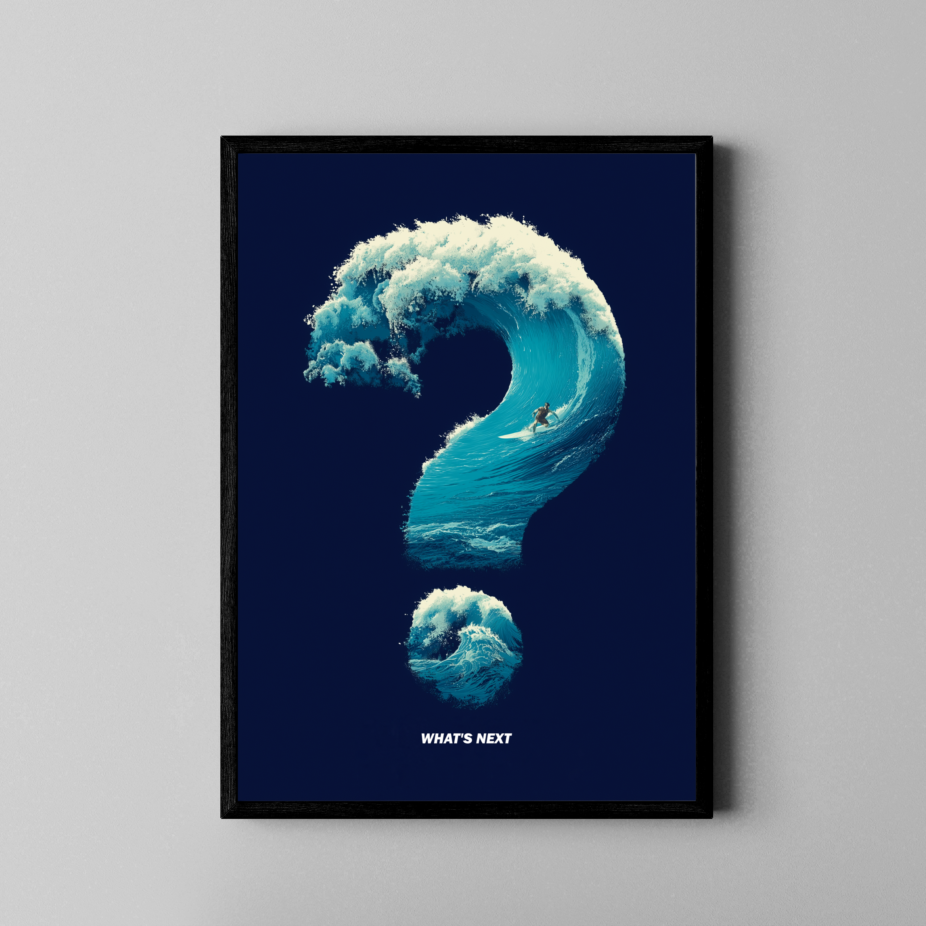 What's Next – Surfer reitet Riesenwelle Fragezeichen-Form | Fine Art Digital-Kunstdruck – Poster im schwarzen Rahmen
