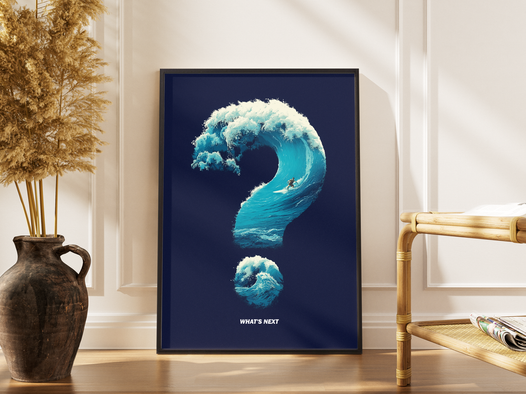 What's Next – Ozean-Fragezeichen Surf-Kunstdruck Wanddekoration | Digitale Grafik-Optik – gerahmtes Poster kaufen