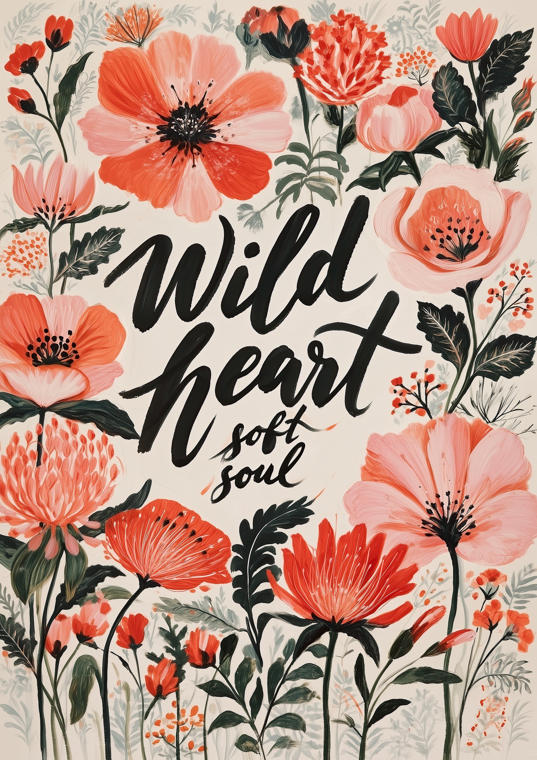 Wild Heart Soft Soul – Mohnblumen Wildblumen Brush-Script Zitat | Botanische Illustration-Optik – eleganter Kunstdruck