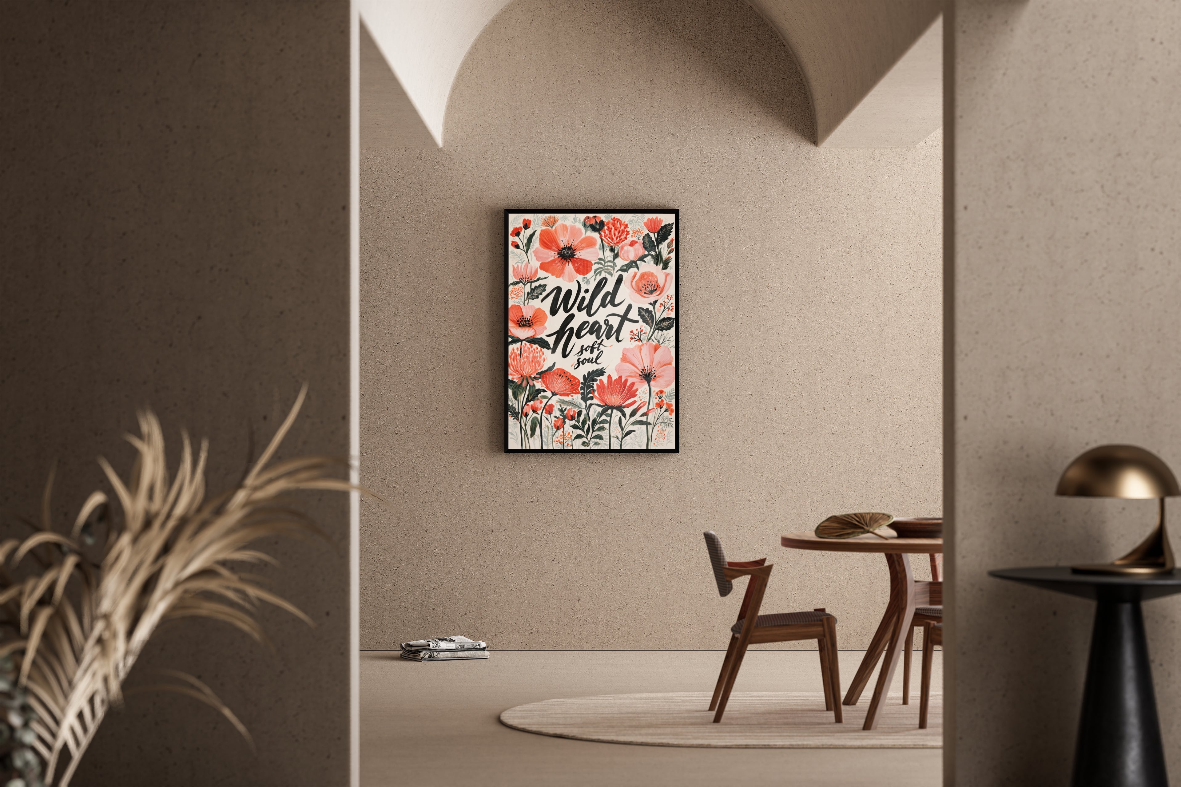 Wild Heart Soft Soul – üppige Wildblumen rosa korall Motivposter | Botanische Grafik-Illustration – Poster im Esszimmer